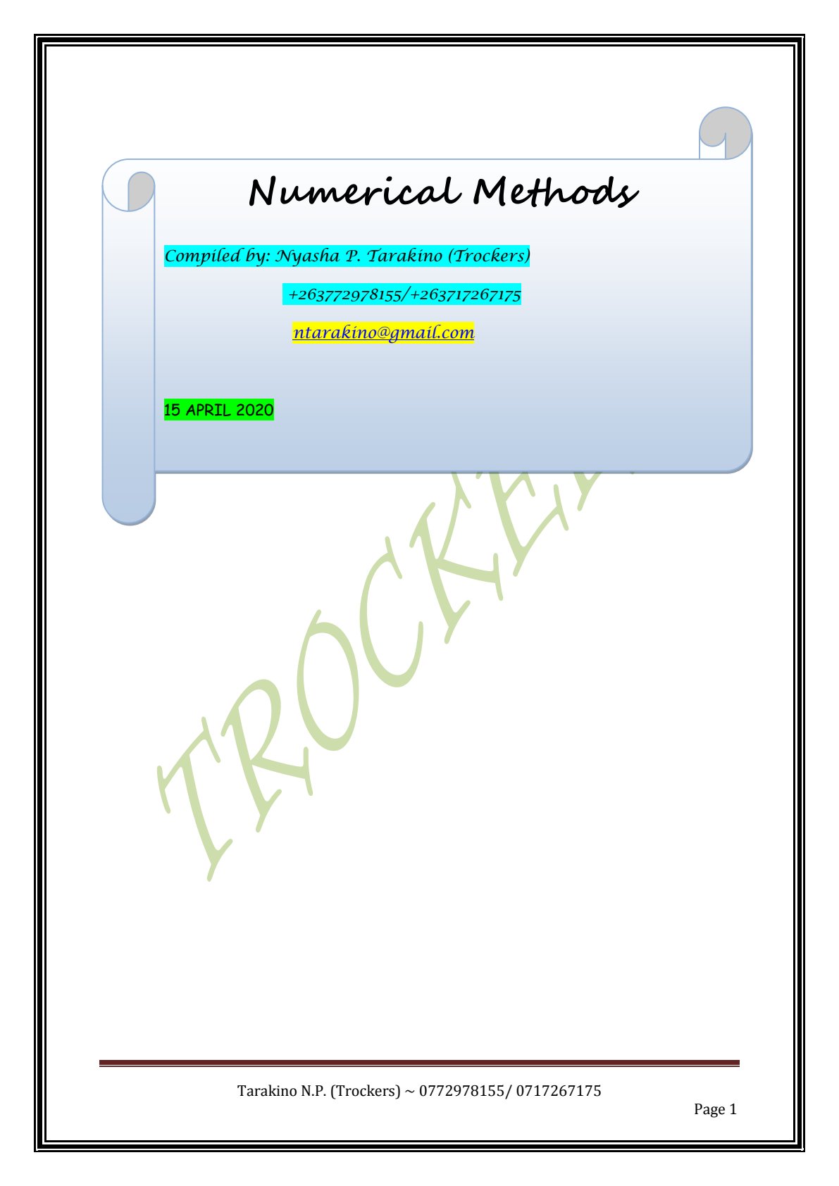 First page of Tertiary Numerical Methods Numerical Methods Notes Zimbabwe