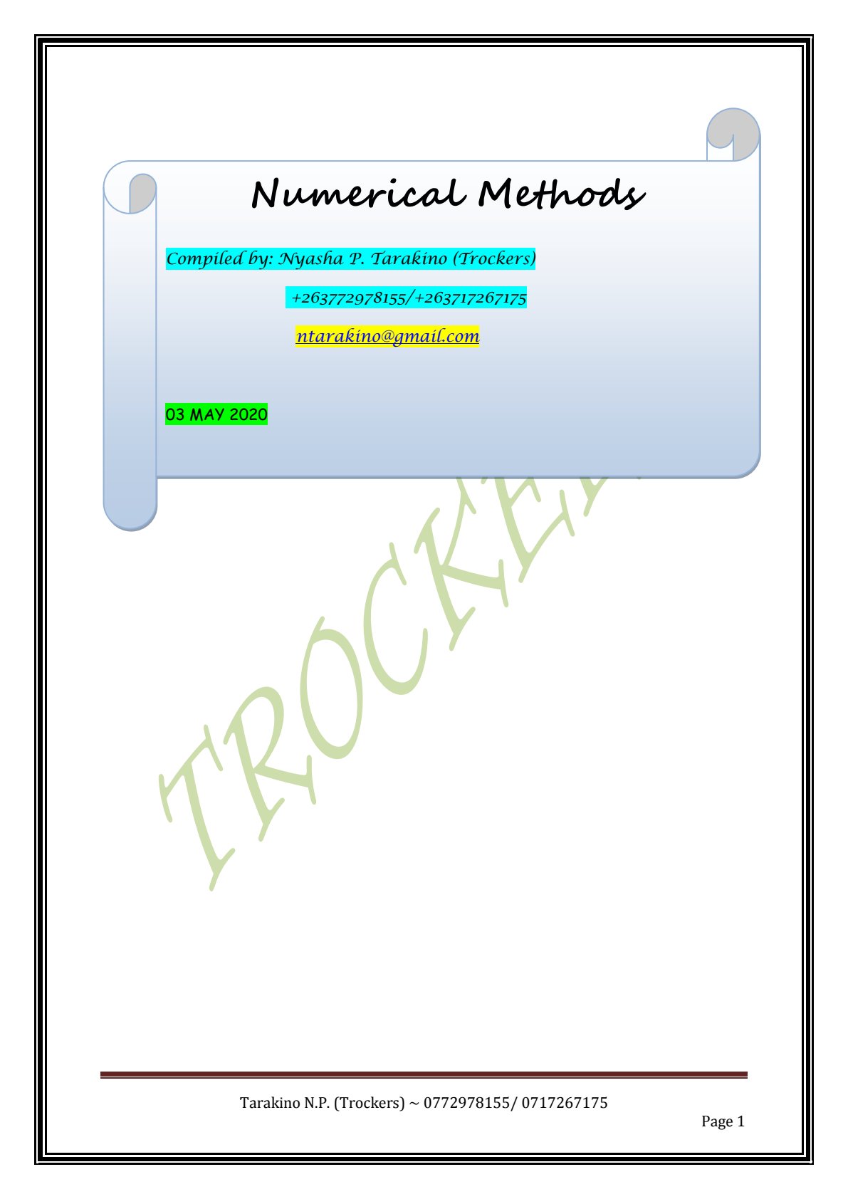 First page of Tertiary Numerical Methods Numerical Methods Notes Zimbabwe