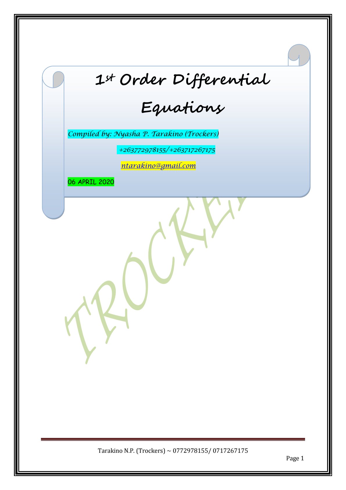 First page of Tertiary Ordinary Differential Equations 2020 Study Guide
