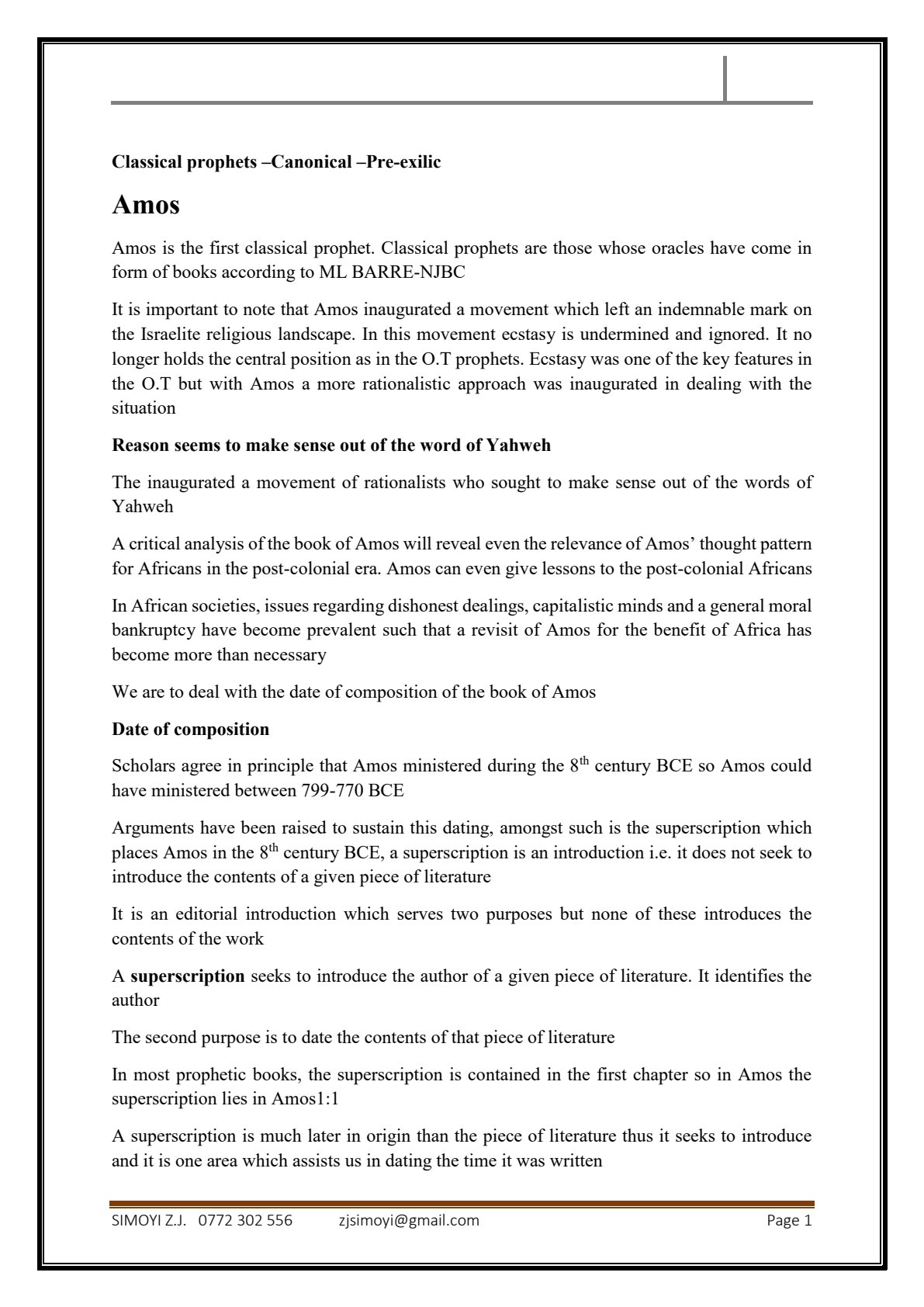 First page of Tertiary Religious Studies The Prophet Amos Notes Zimbabwe