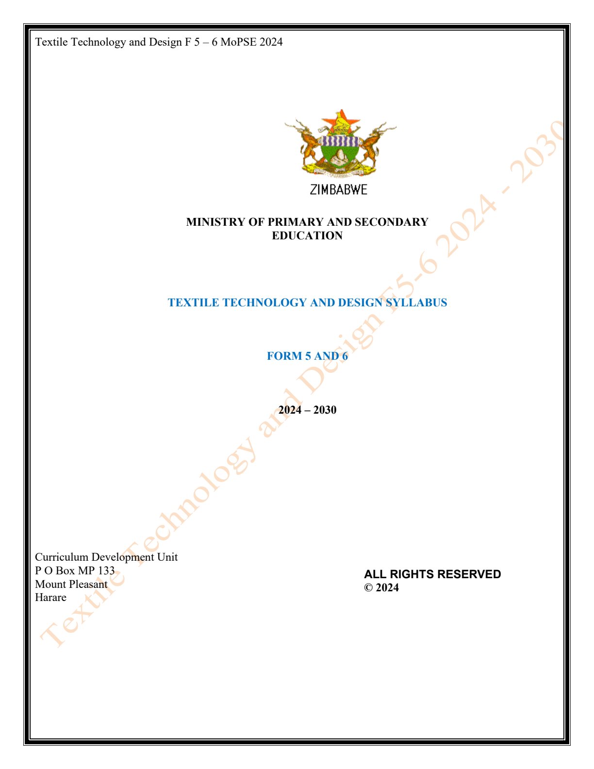 First page of Textile Technology and Design Syllabus Form 5 and 6 2024-2030