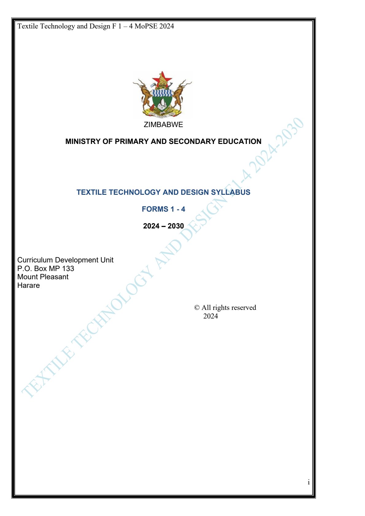 First page of Textile Technology and Design Syllabus Forms 1-4