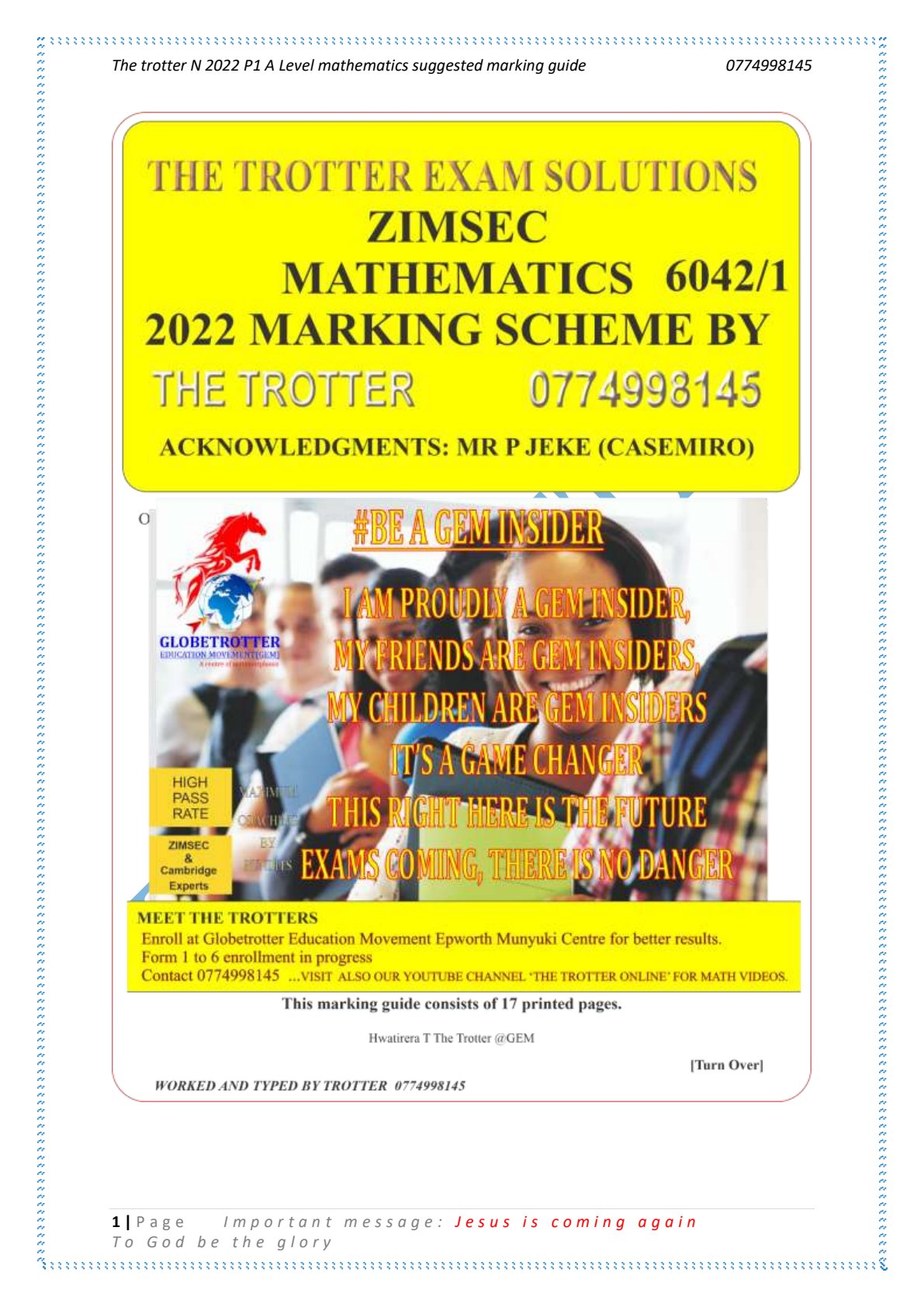 First page of The Trotter N 2022 P1 A Level mathematics suggested marking guide