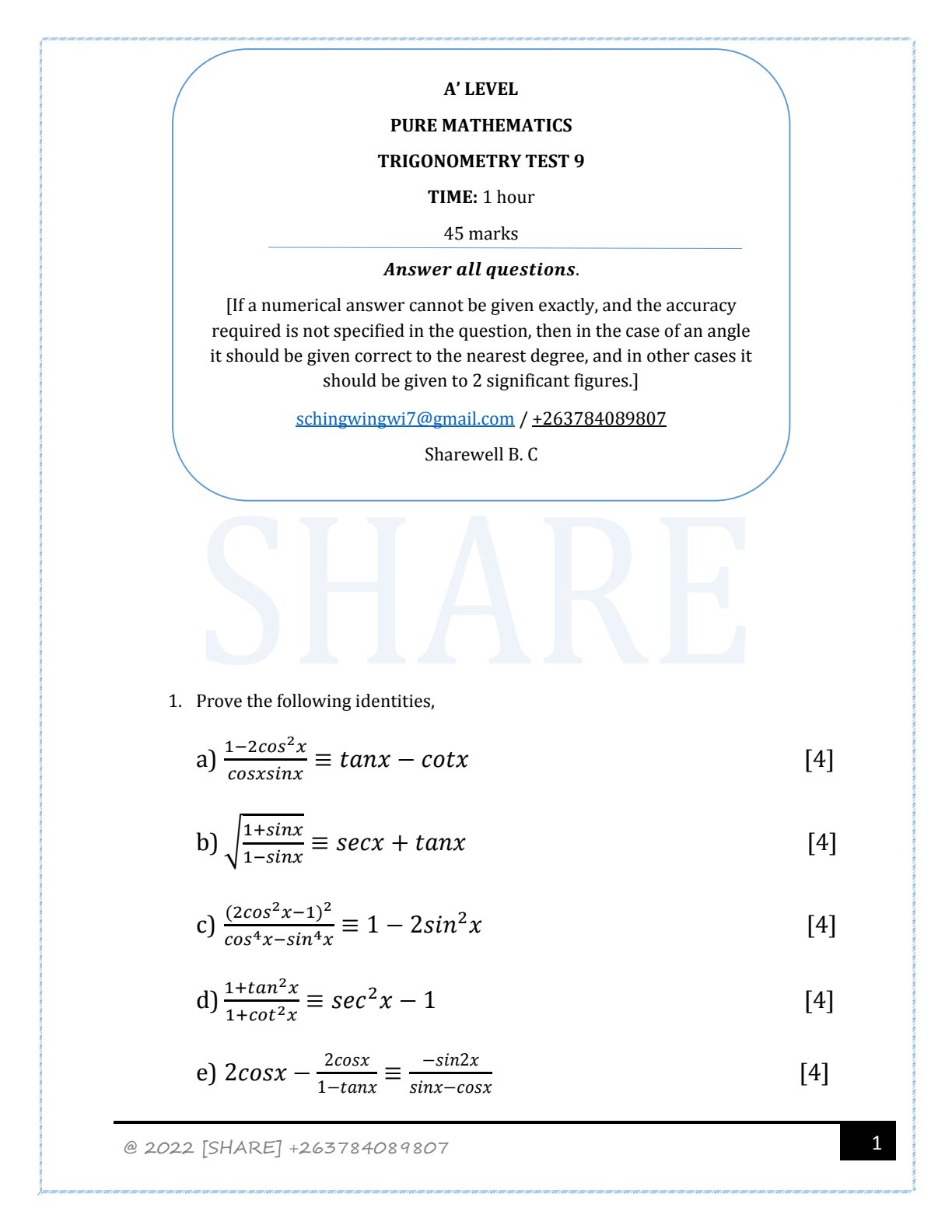 First page of Trigonometry Test 9 Question Paper