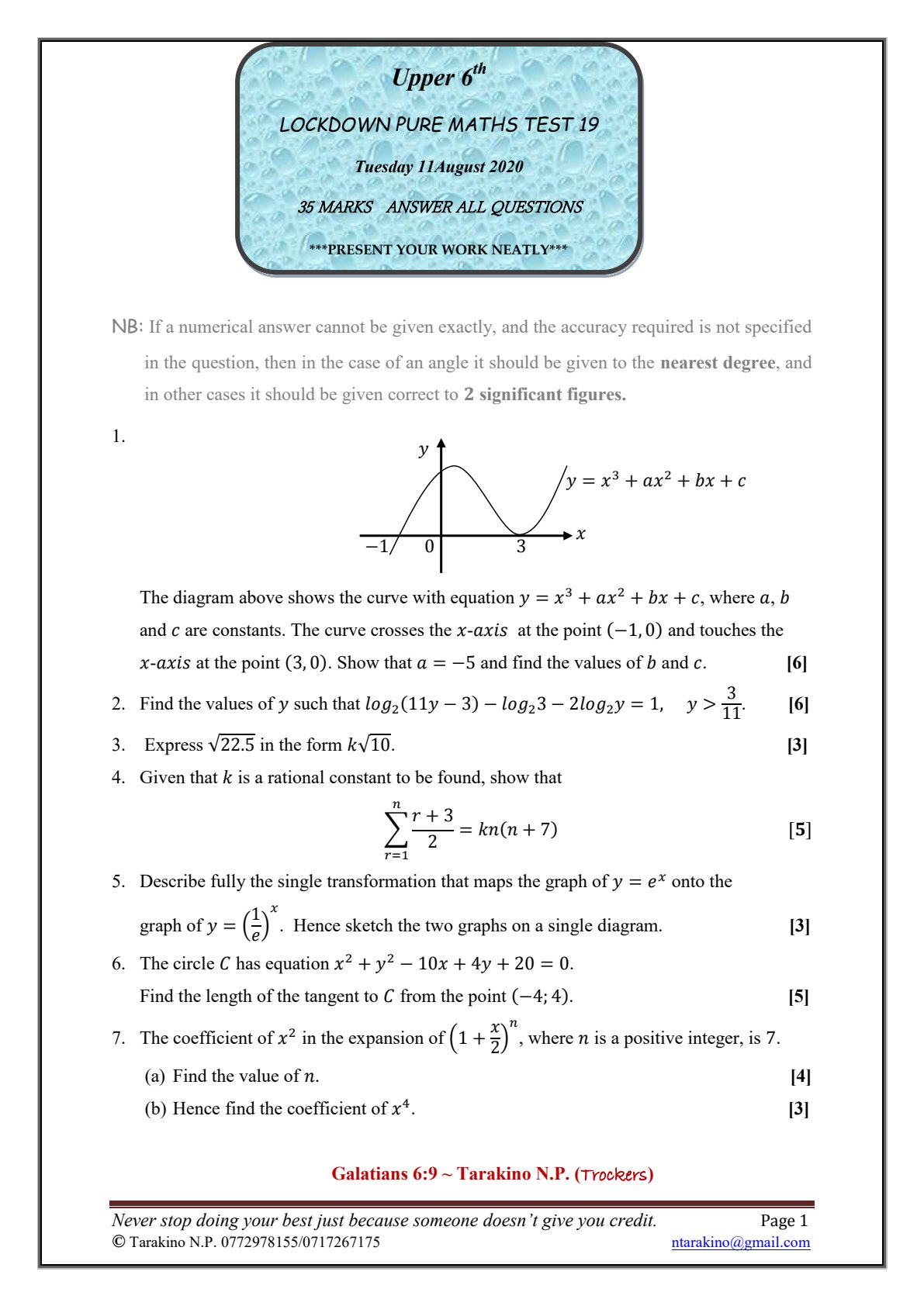 First page of Trockers A-Level Pure Mathematicsugust 2020 Question Paper
