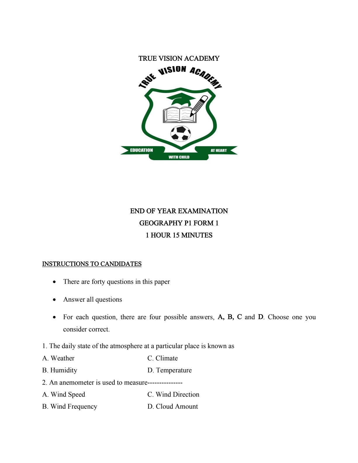 First page of True Vision Academy Form 1 Geography End of Year Question Paper