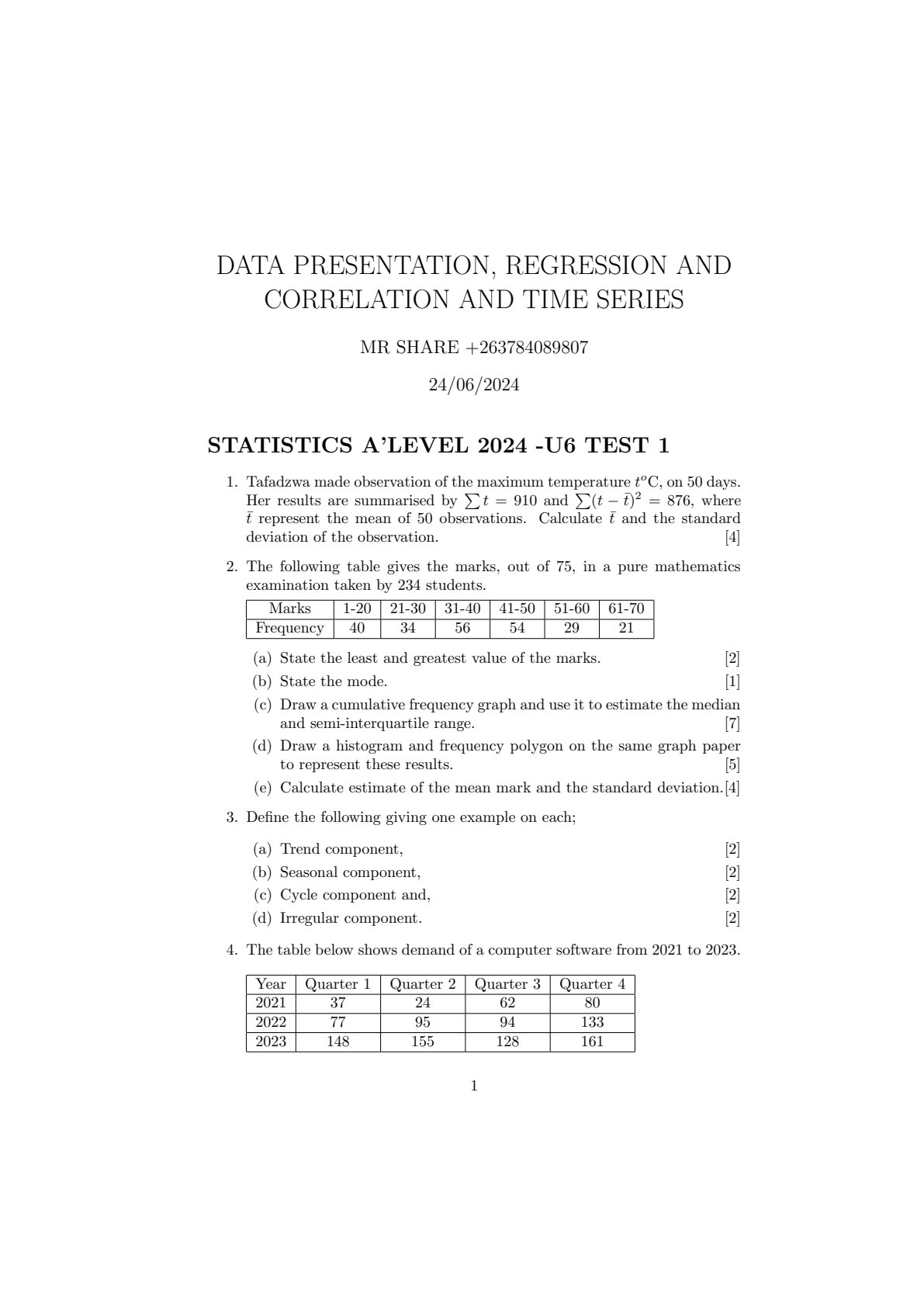 First page of U6 STATISTICS TEST 1 2024 Question Paper