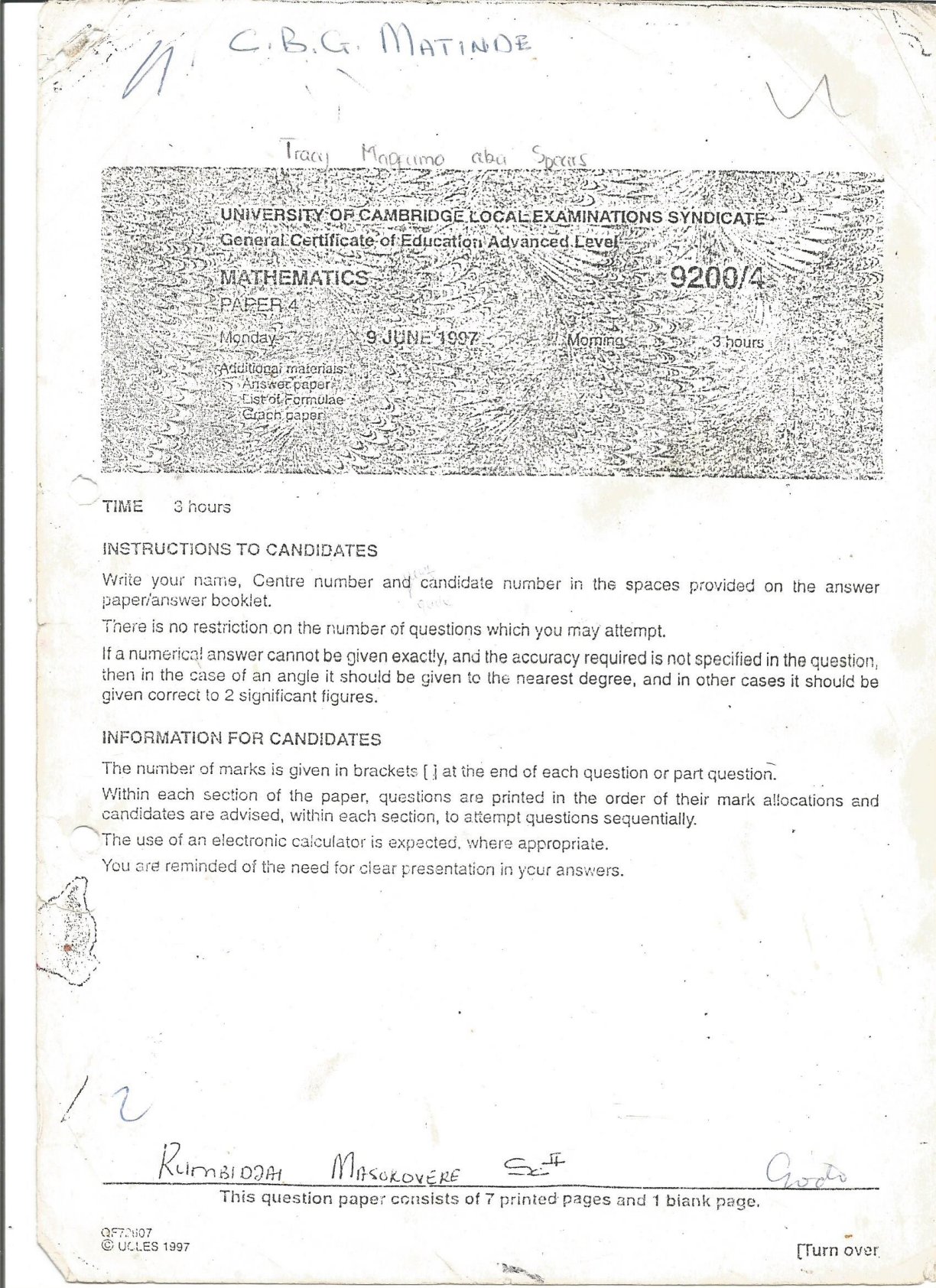 First page of UCLES A-Level Mathematics Paper 4 June 1997 Question Paper