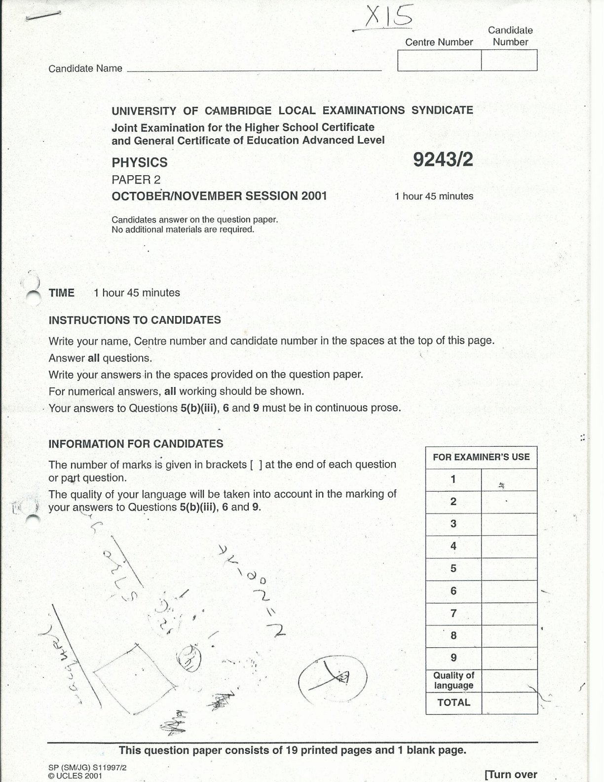 First page of UCLES A-Level Physics Paper 2 October/November 2001 Question Paper