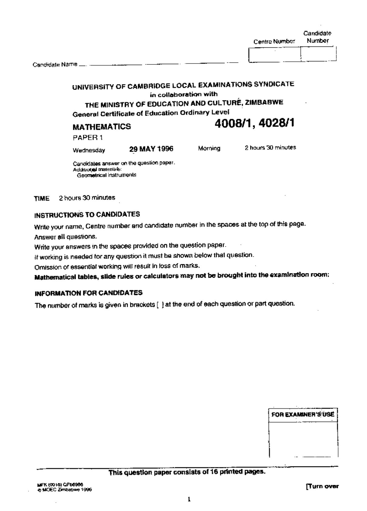 First page of UCLES O-Level Mathematics Paper 1 June 1996 Question Paper