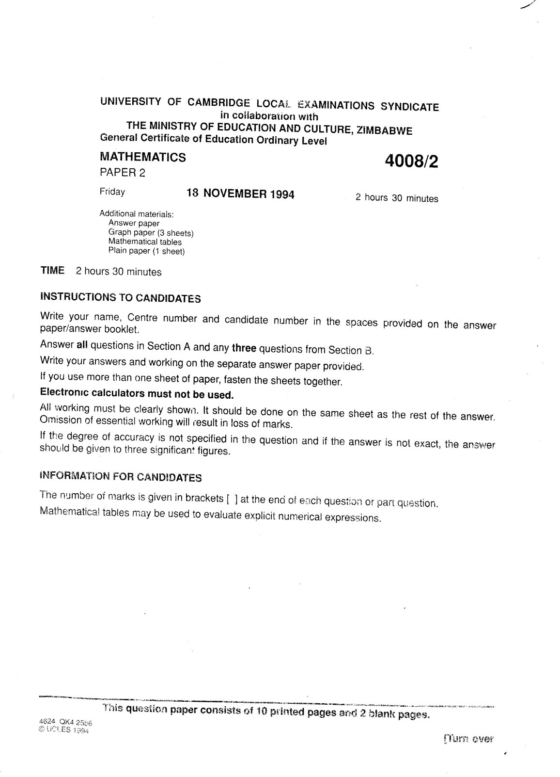 First page of UCLES O-Level Mathematics Paper 2 November 1994 Question Paper