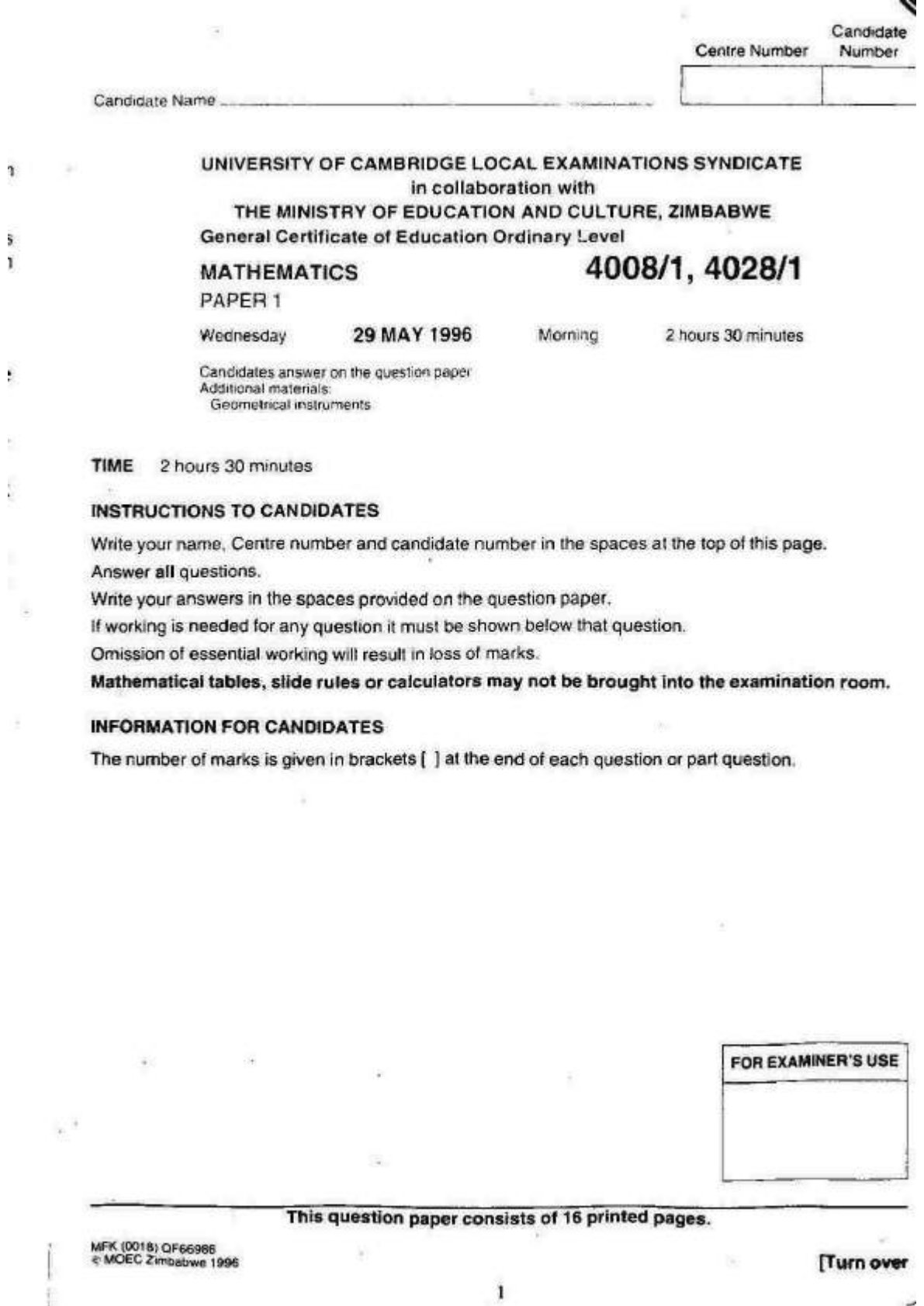 First page of University of Cambridge O-Level Mathematics Paper 1 May 1996 Question Paper