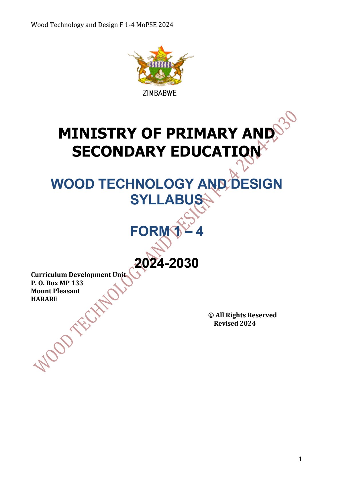 First page of Wood Technology and Design Syllabus Form 1-4