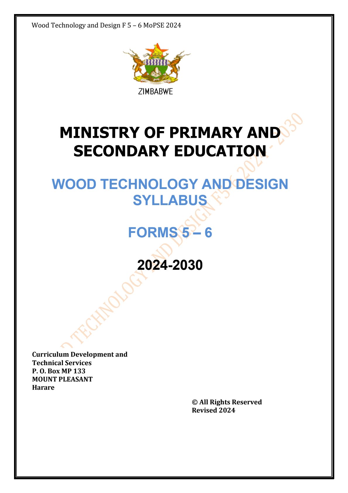 First page of Wood Technology and Design Syllabus Forms 5-6 2024-2030