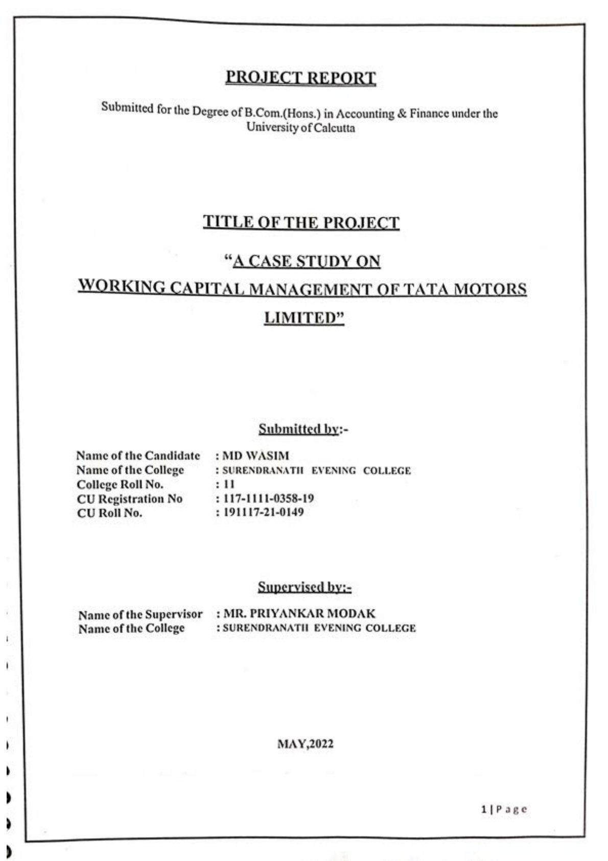 First page of Working Capital Management Notes