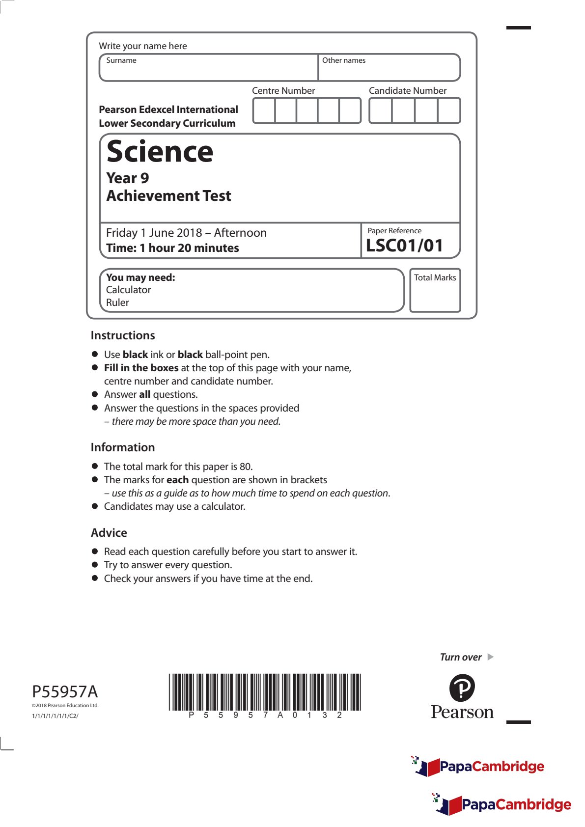 First page of Year 9 Science June 2018 Question Paper
