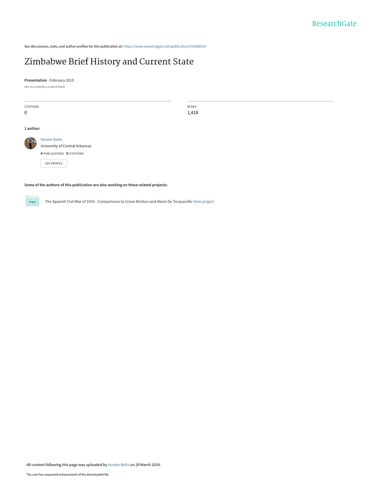 First page of Zimbabwe Brief History and Current State