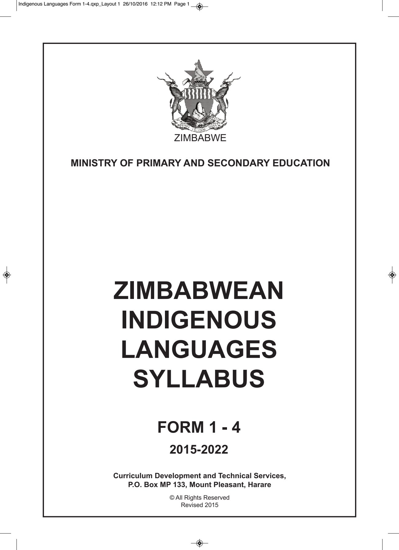 First page of Zimbabwean Indigenous Languages Syllabus Form 1-4 2015-2022