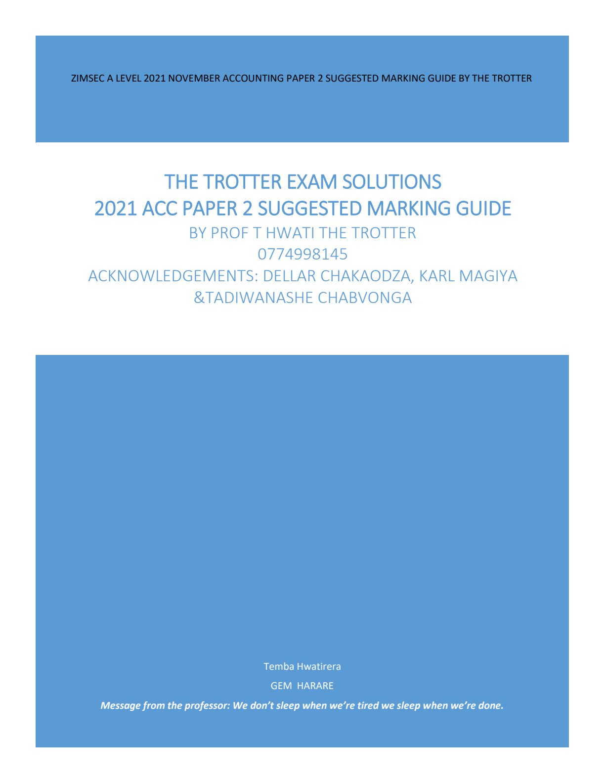 First page of ZIMSEC A Level 2021 November Accounting Paper 2 Suggested Marking Guide