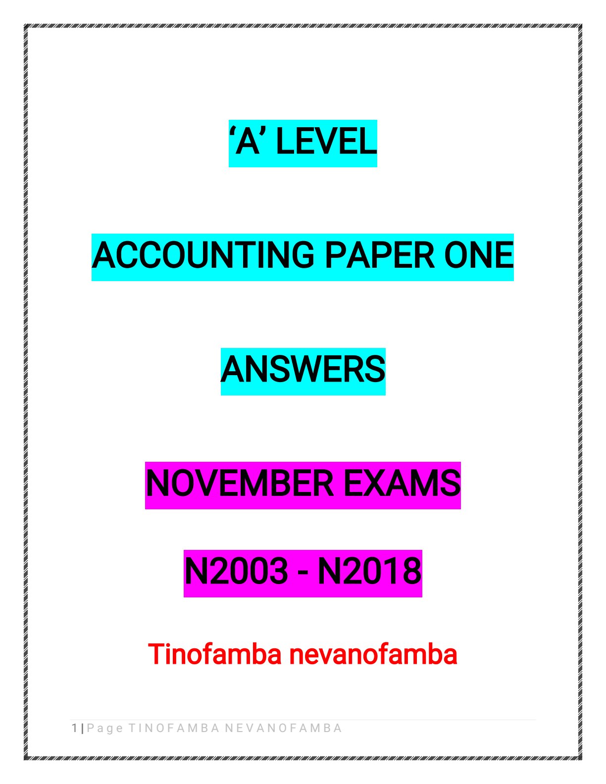 First page of ZIMSEC A-Level Accounting 2003-2018 Study Guide