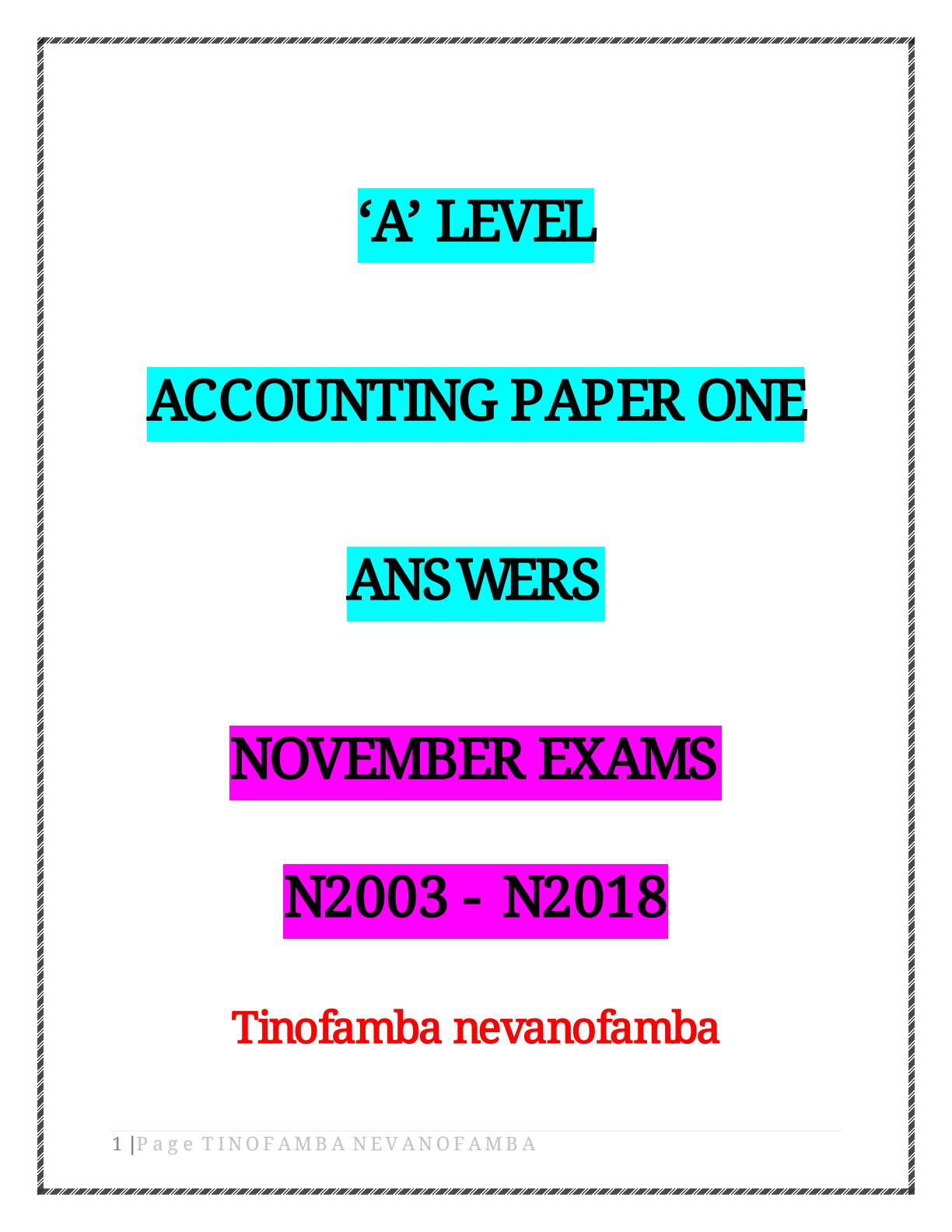 First page of ZIMSEC A-Level Accounting 2003-2018 Study Guide