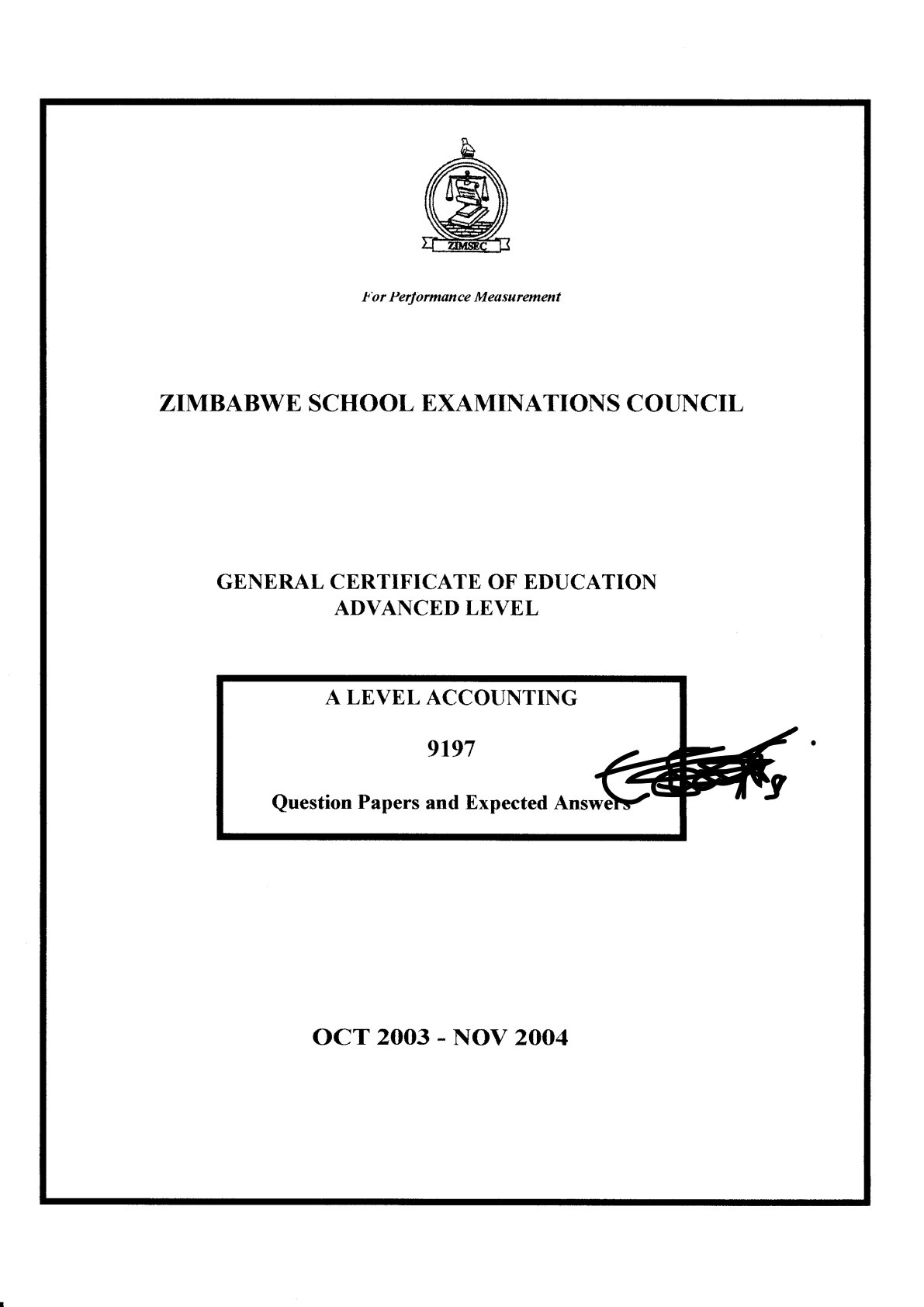 First page of ZIMSEC A-Level Accounting Blue Book 2003-2004 Study Guide