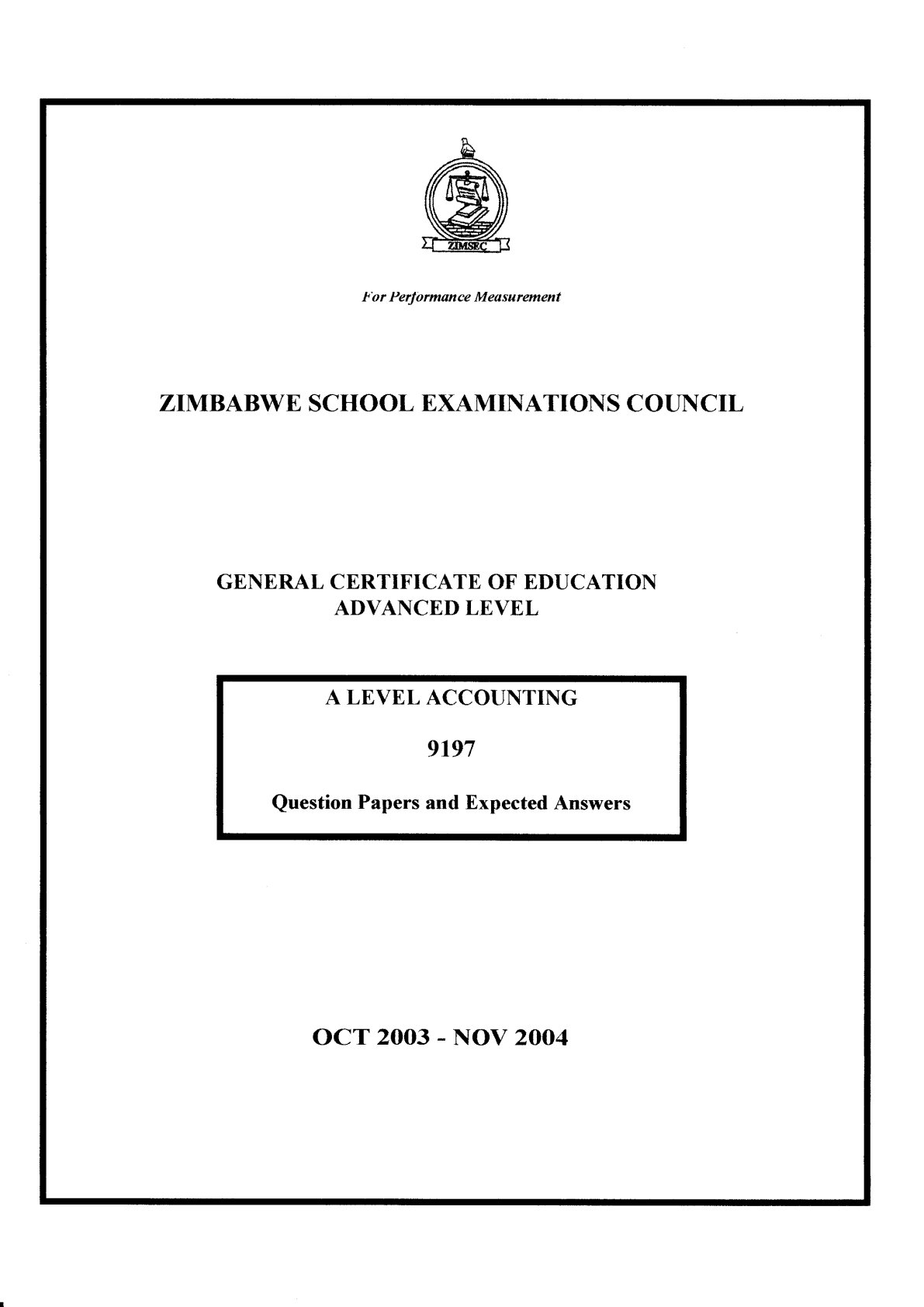 First page of ZIMSEC A-Level Accounting Blue Book 2003-2004 Study Guide