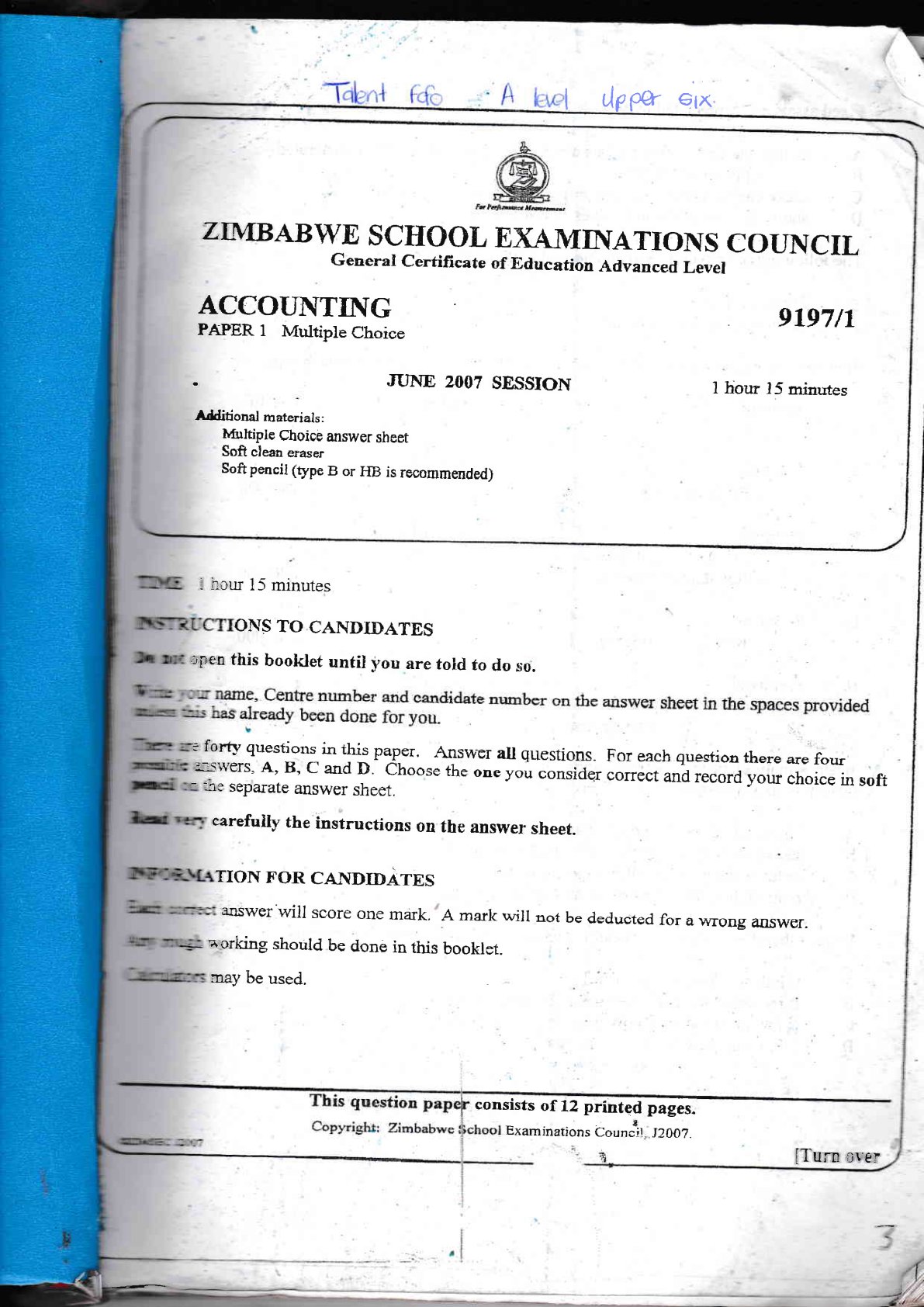First page of ZIMSEC A-Level Accounting Blue Book 2007-2009 Study Guide