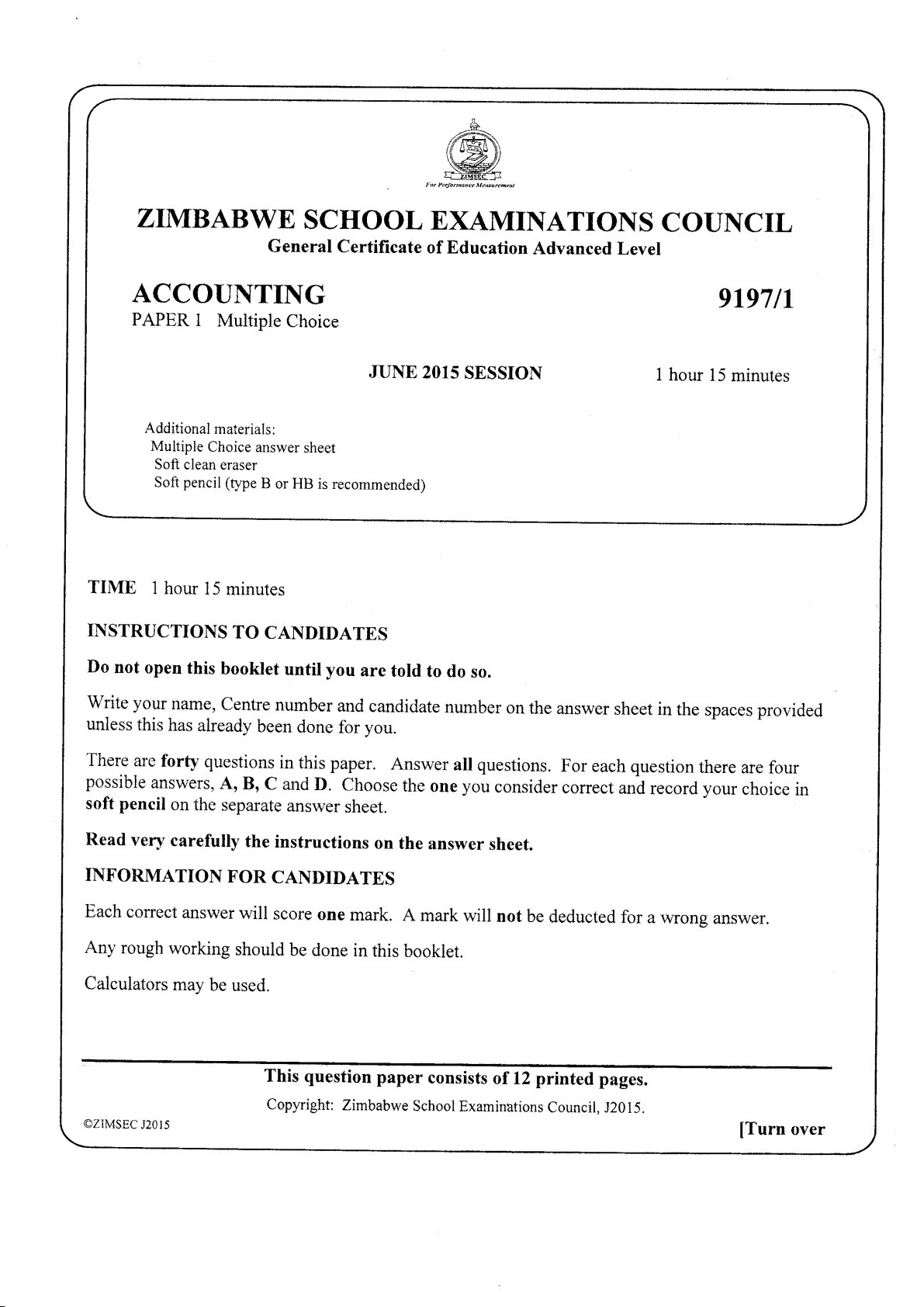 First page of ZIMSEC A-Level Accounting Paper 1 June 2015 Question Paper
