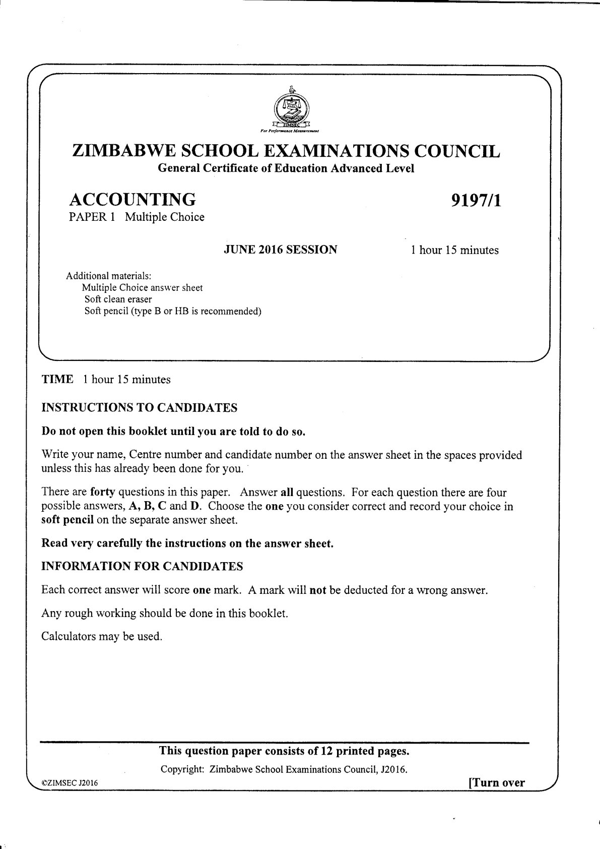 First page of ZIMSEC A-Level Accounting Paper 1 June 2016 Question Paper