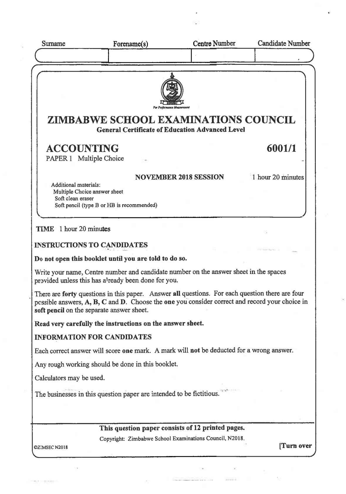 First page of ZIMSEC A-Level Accounting Paper 1 November 2018 Question Paper