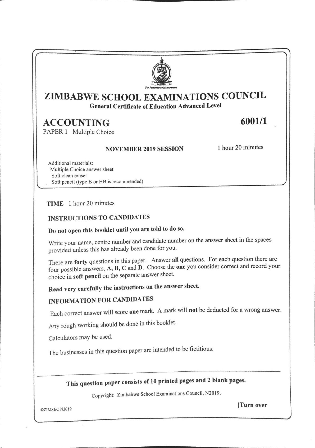 First page of ZIMSEC A-Level Accounting Paper 1 November 2019 Question Paper