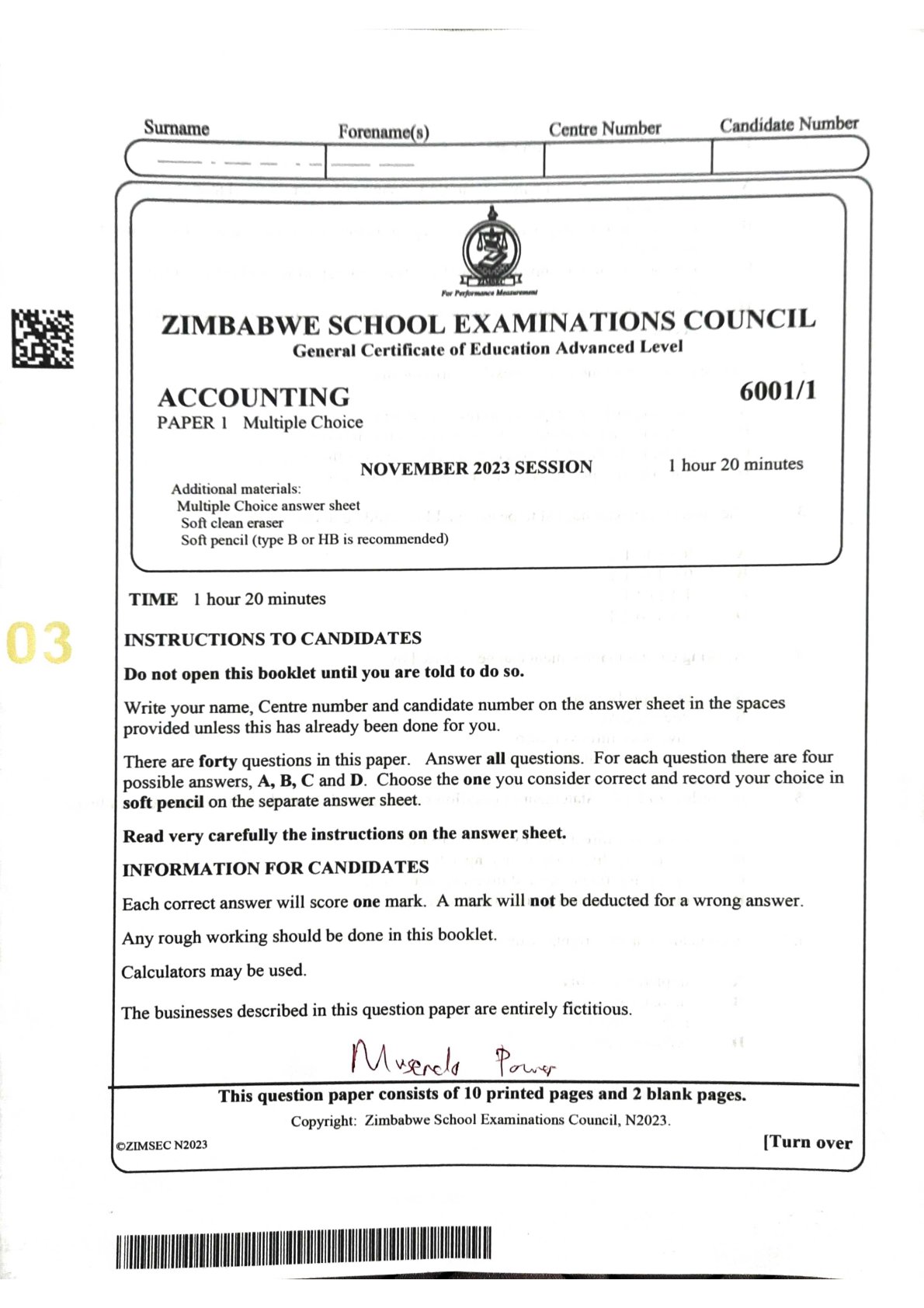 First page of ZIMSEC A-Level Accounting Paper 1 November 2023 Question Paper