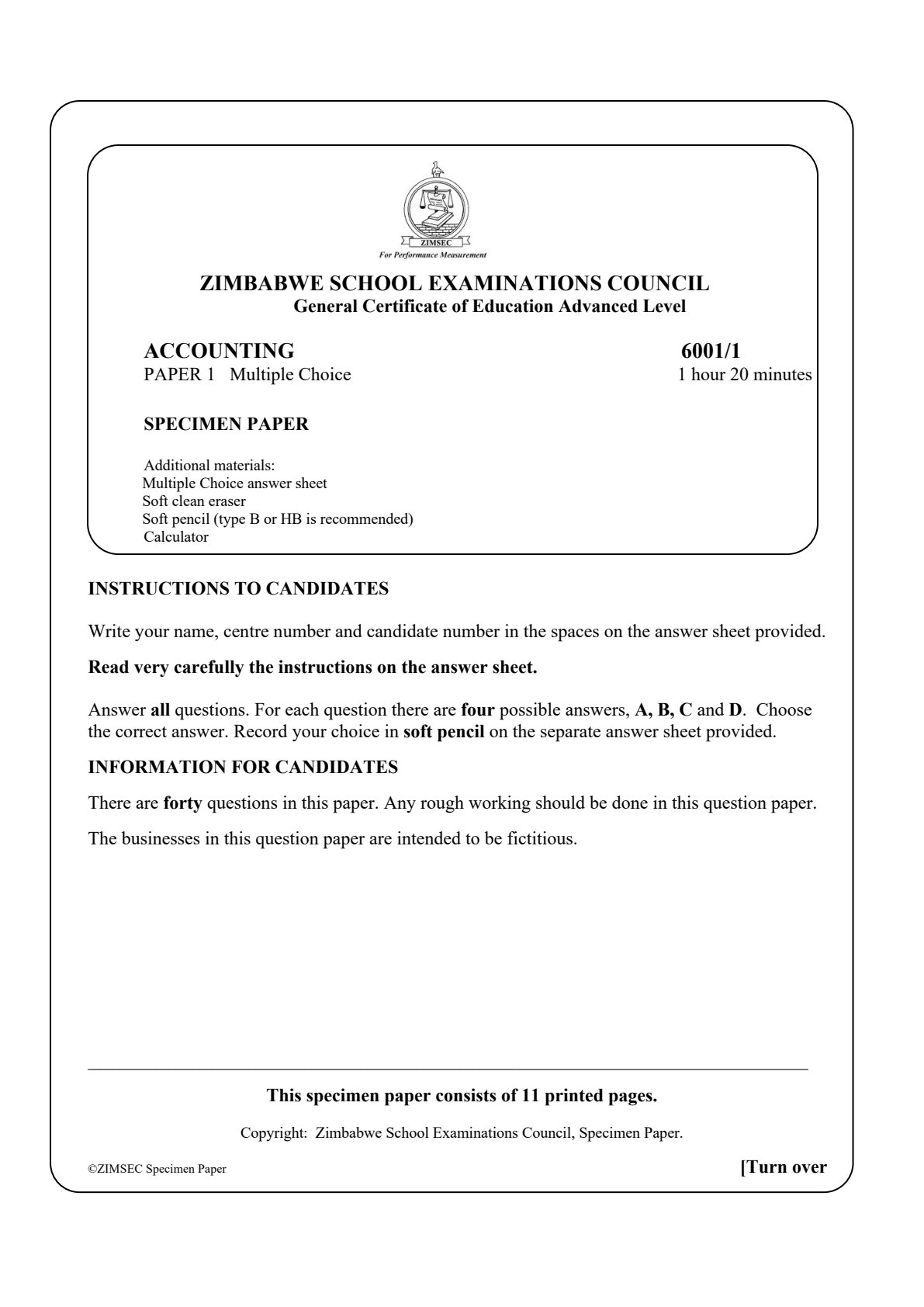 First page of ZIMSEC A-Level Accounting Paper 1 Question Paper