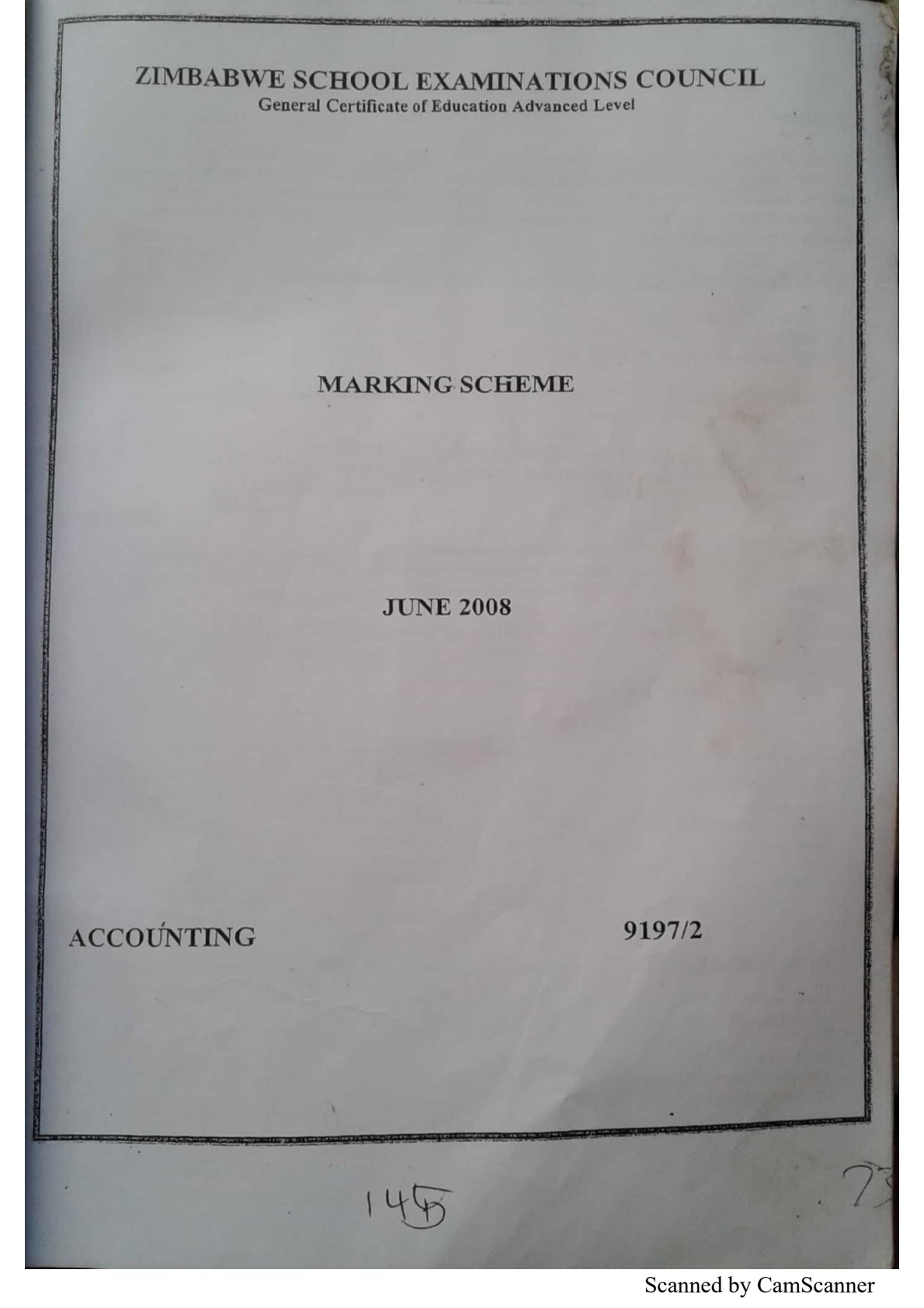 First page of ZIMSEC A-Level Accounting Paper 2 June 2008 Marking Scheme
