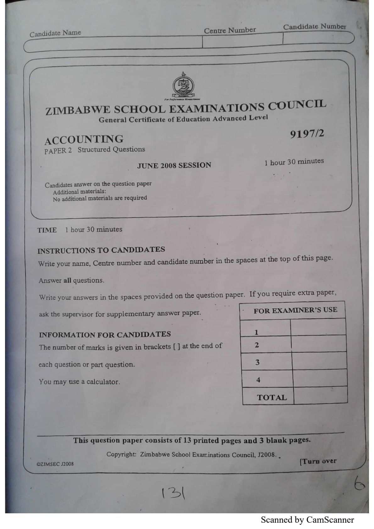 First page of ZIMSEC A-Level Accounting Paper 2 June 2008 Question Paper