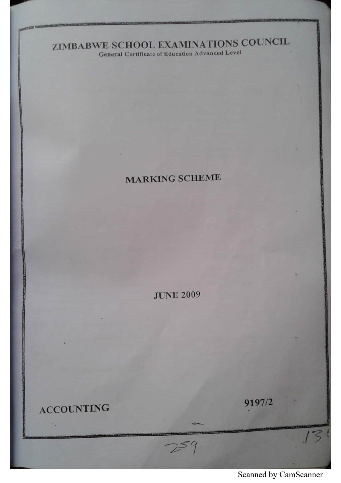 First page of ZIMSEC A-Level Accounting Paper 2 June 2009 Marking Scheme