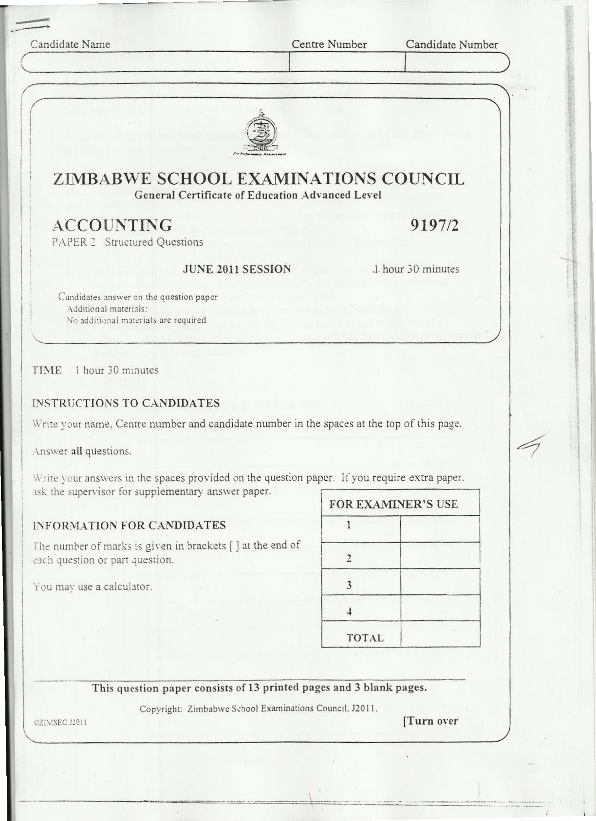 First page of ZIMSEC A-Level Accounting Paper 2 June 2011 Question Paper