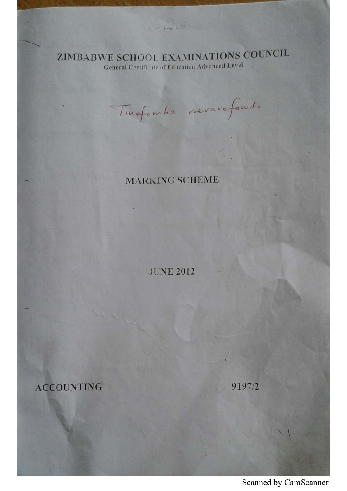 First page of ZIMSEC A-Level Accounting Paper 2 June 2012 Marking Scheme