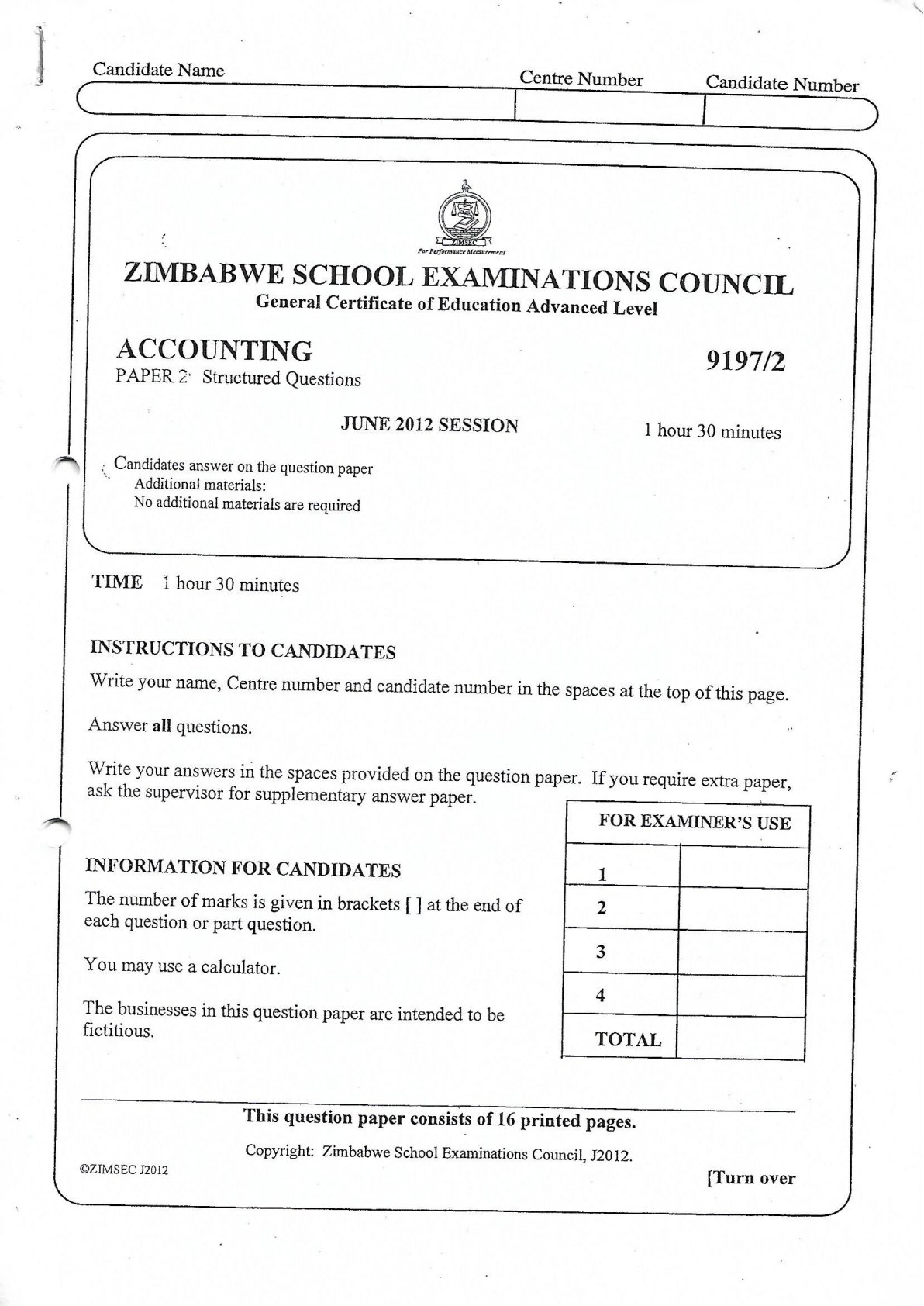 First page of ZIMSEC A-Level Accounting Paper 2 June 2012 Question Paper