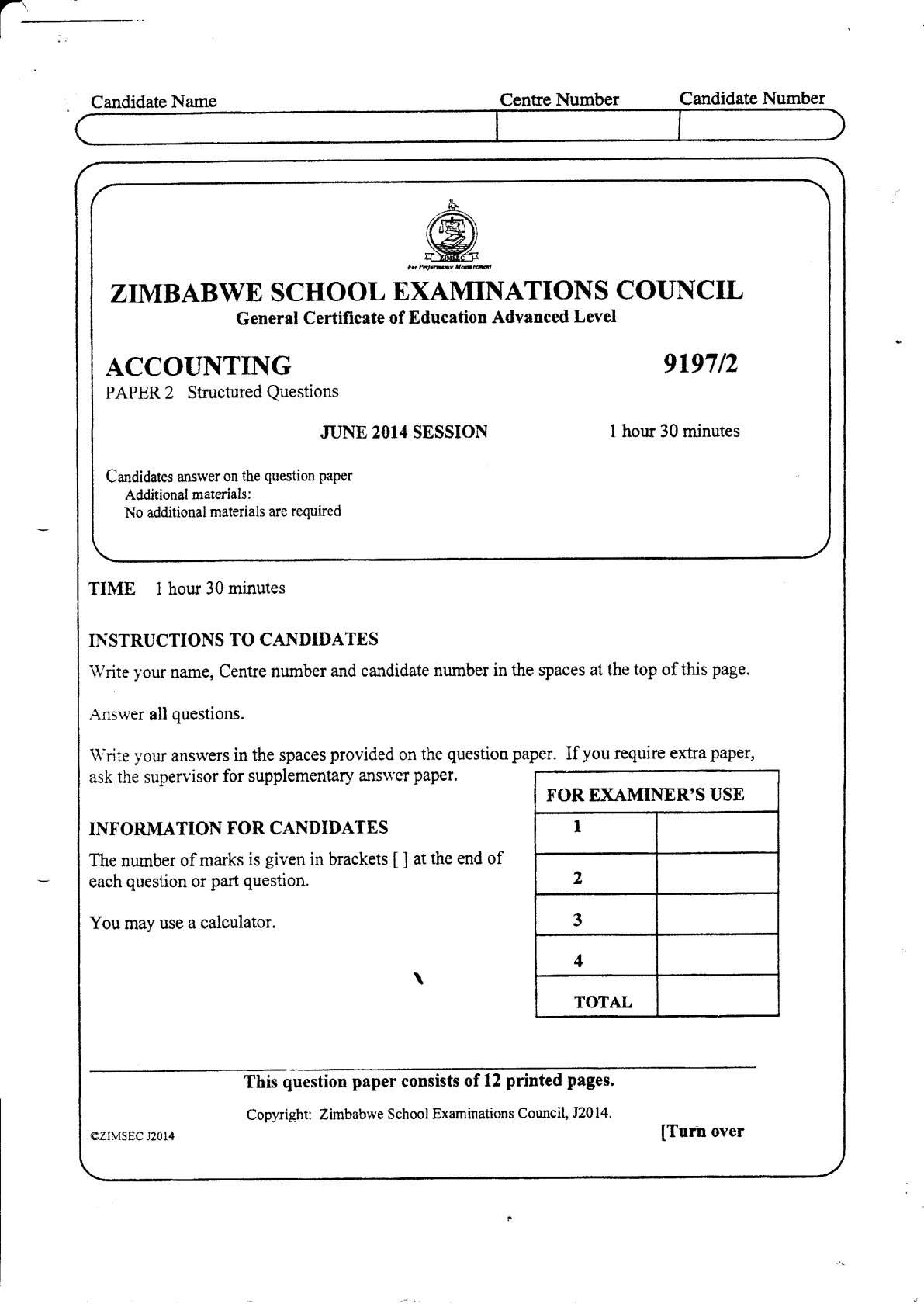 First page of ZIMSEC A-Level Accounting Paper 2 June 2014 Question Paper