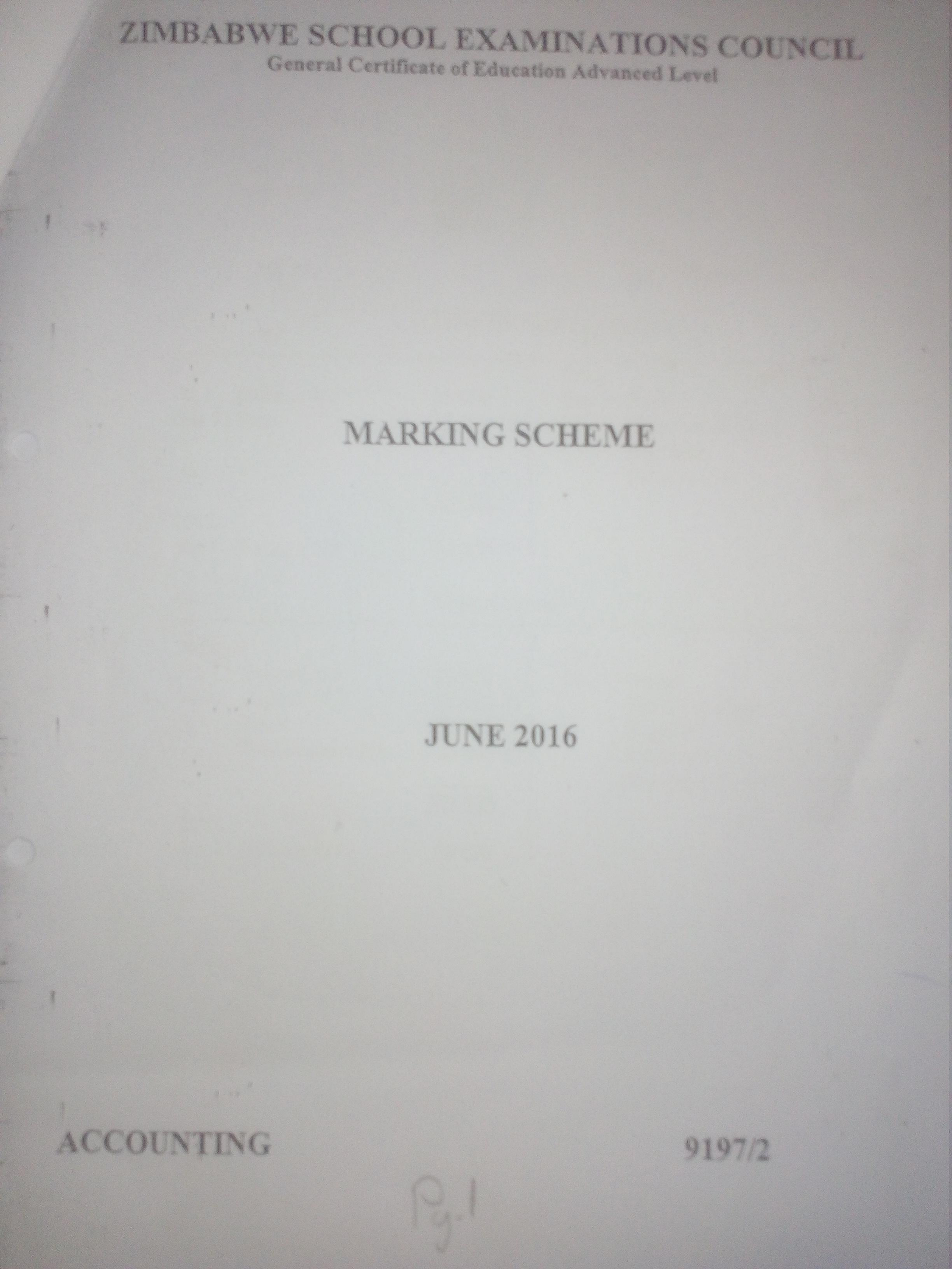 First page of ZIMSEC A-Level Accounting Paper 2 June 2016 Marking Scheme