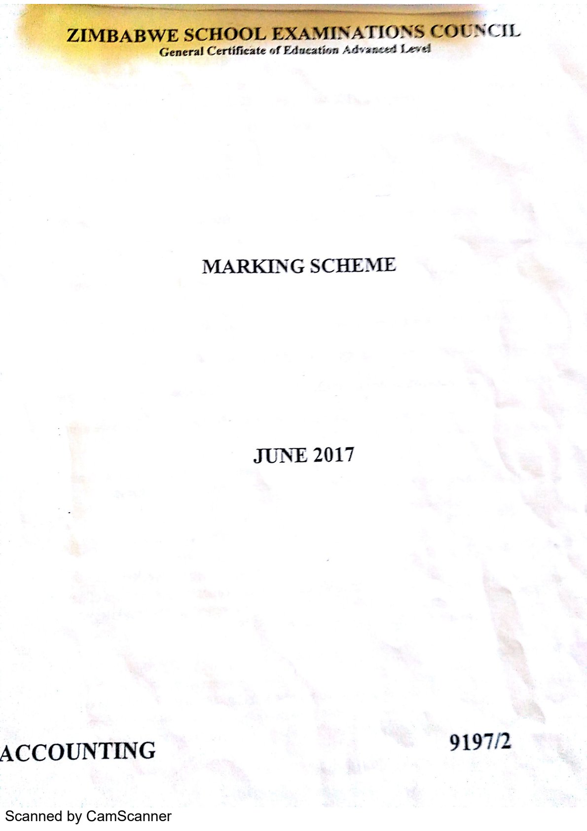 First page of ZIMSEC A-Level Accounting Paper 2 June 2017 Marking Scheme