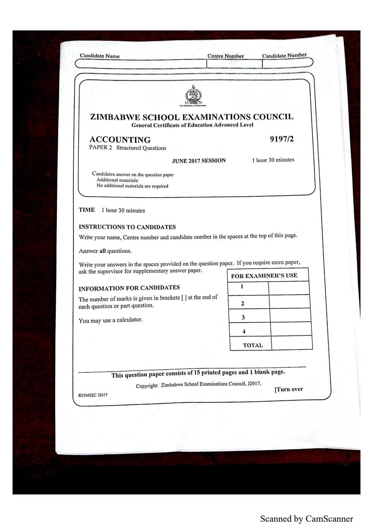 First page of ZIMSEC A-Level Accounting Paper 2 June 2017 Question Paper