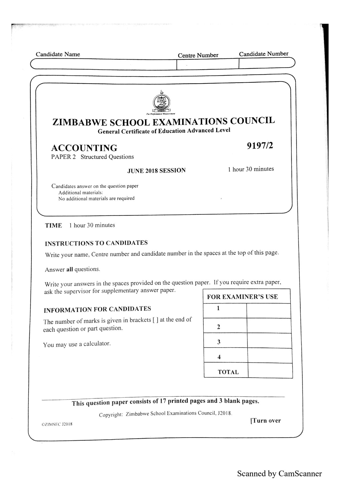 First page of ZIMSEC A-Level Accounting Paper 2 June 2018 Question Paper