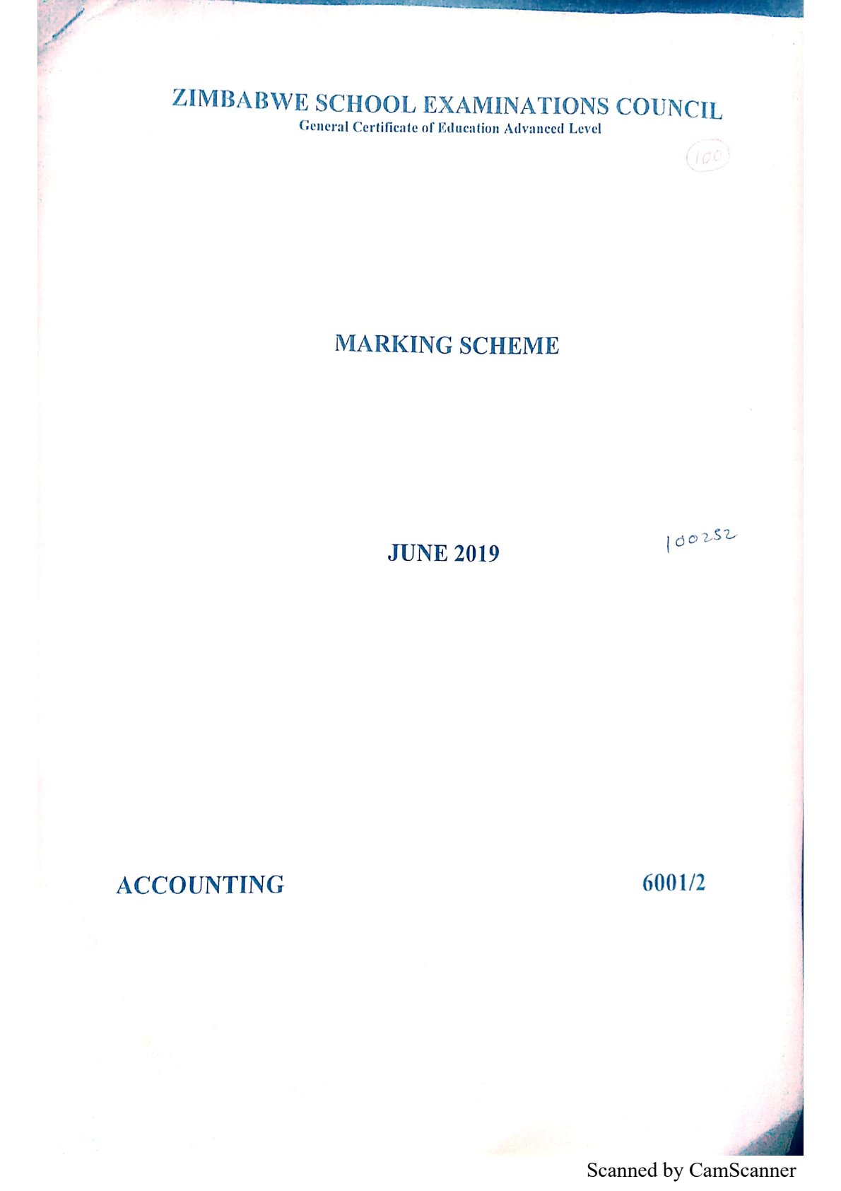 First page of ZIMSEC A-Level Accounting Paper 2 June 2019 Marking Scheme