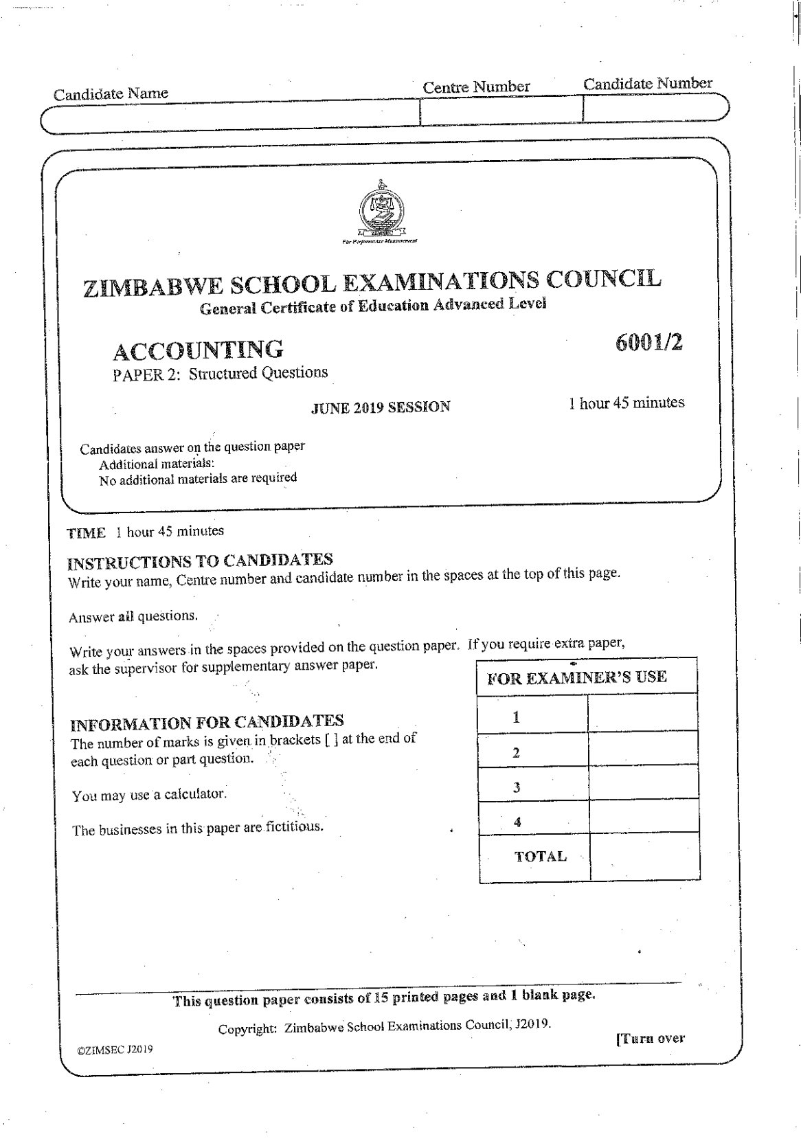 First page of ZIMSEC A-Level Accounting Paper 2 June 2019 Question Paper