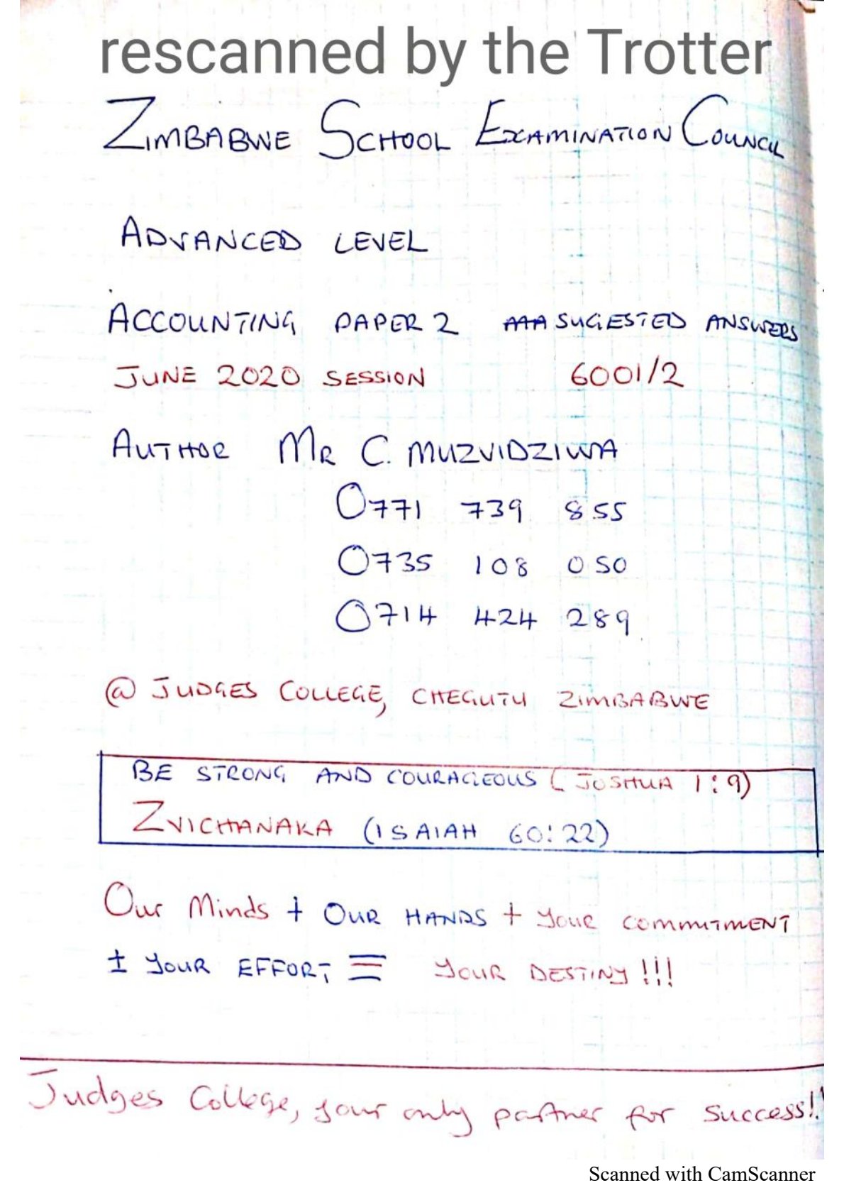 First page of ZIMSEC A-Level Accounting Paper 2 June 2020 Marking Scheme