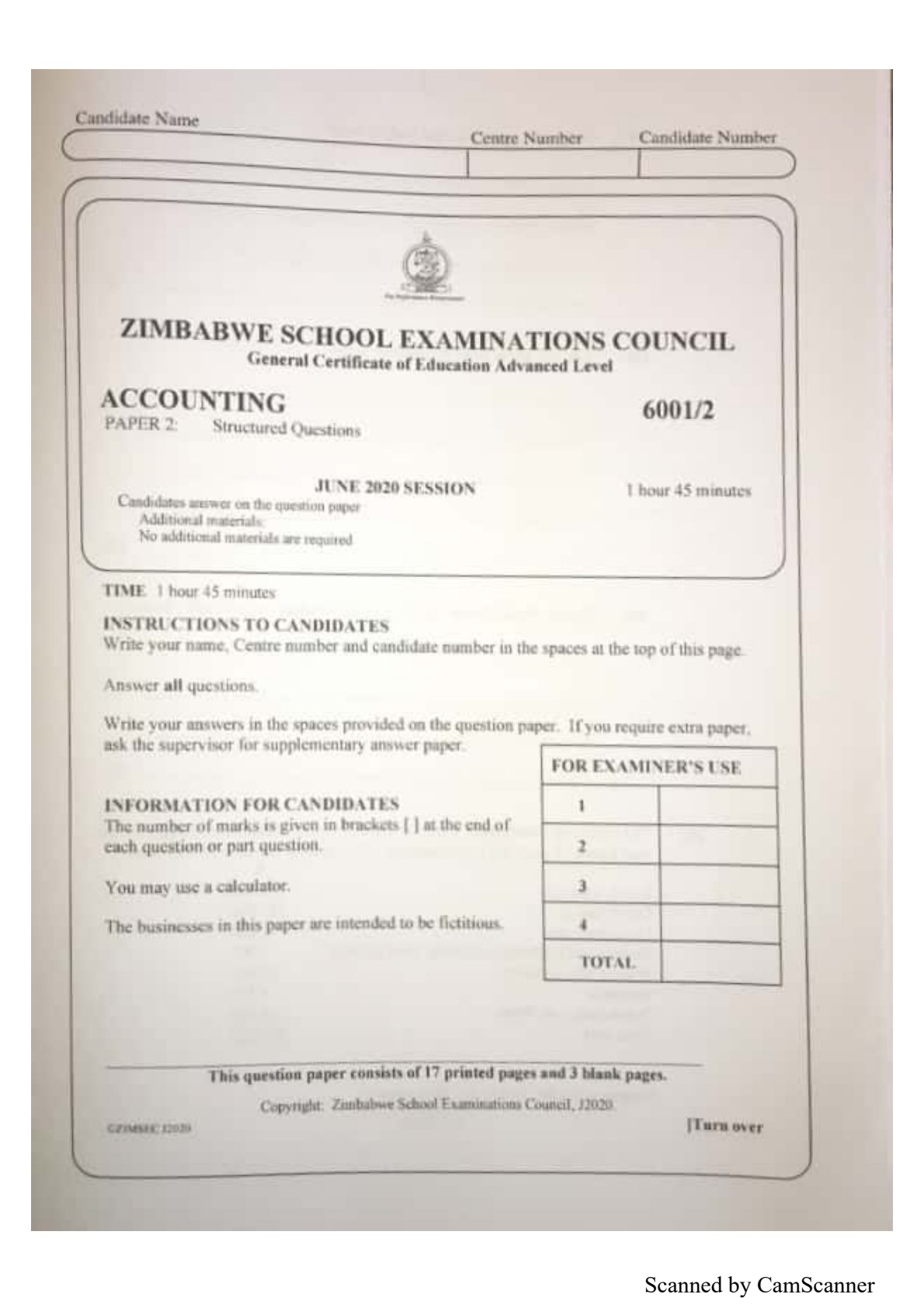 First page of ZIMSEC A-Level Accounting Paper 2 June 2020 Question Paper