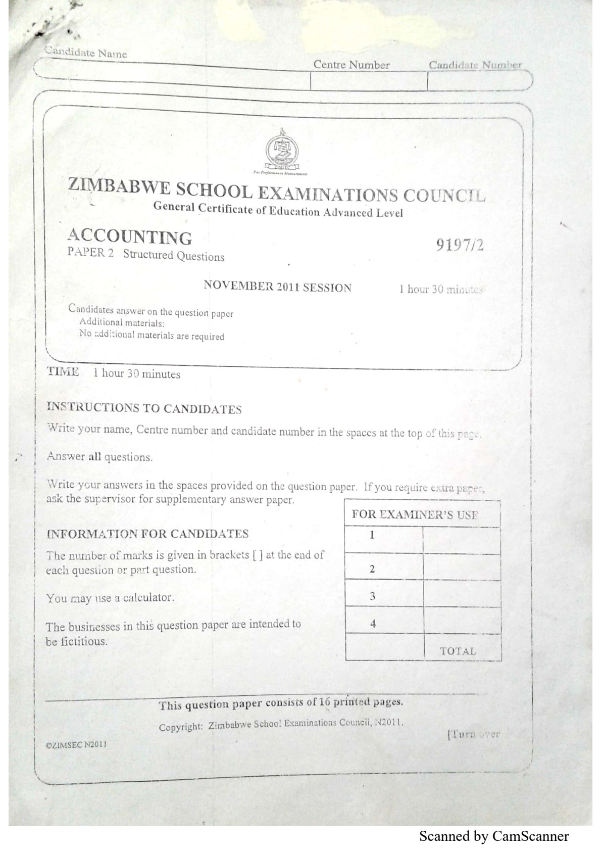 First page of ZIMSEC A-Level Accounting Paper 2 November 2011 Question Paper